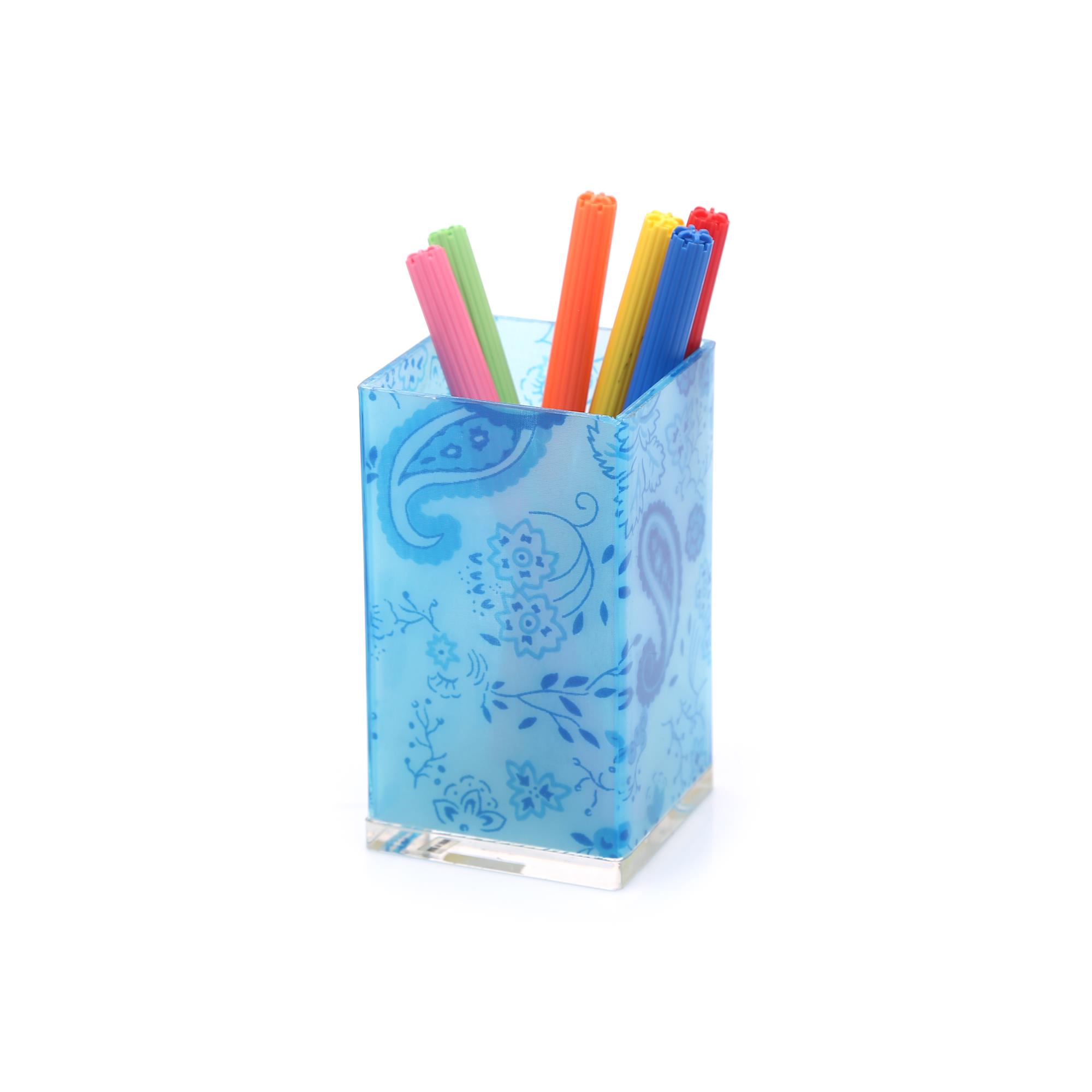 Kalemlik Mavi Kumaş Desenli Ofis Gereci 6X6X12Cm 300Ml