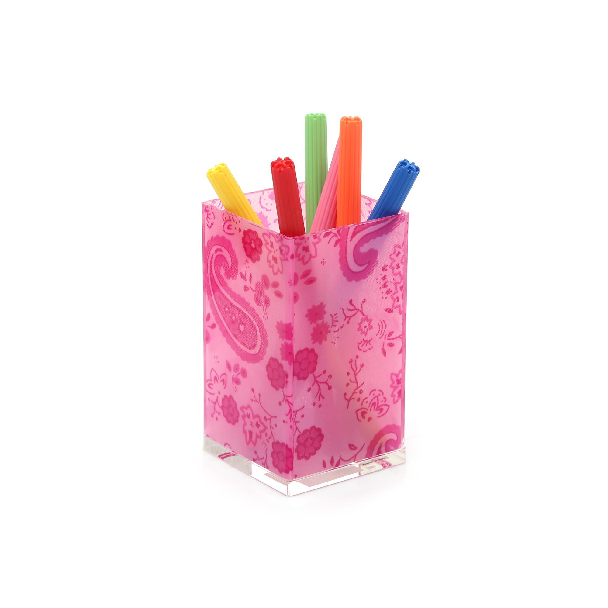 Kalemlik Pembe Kumaş Desenli Ofis Gereci 6X6X12Cm 300Ml