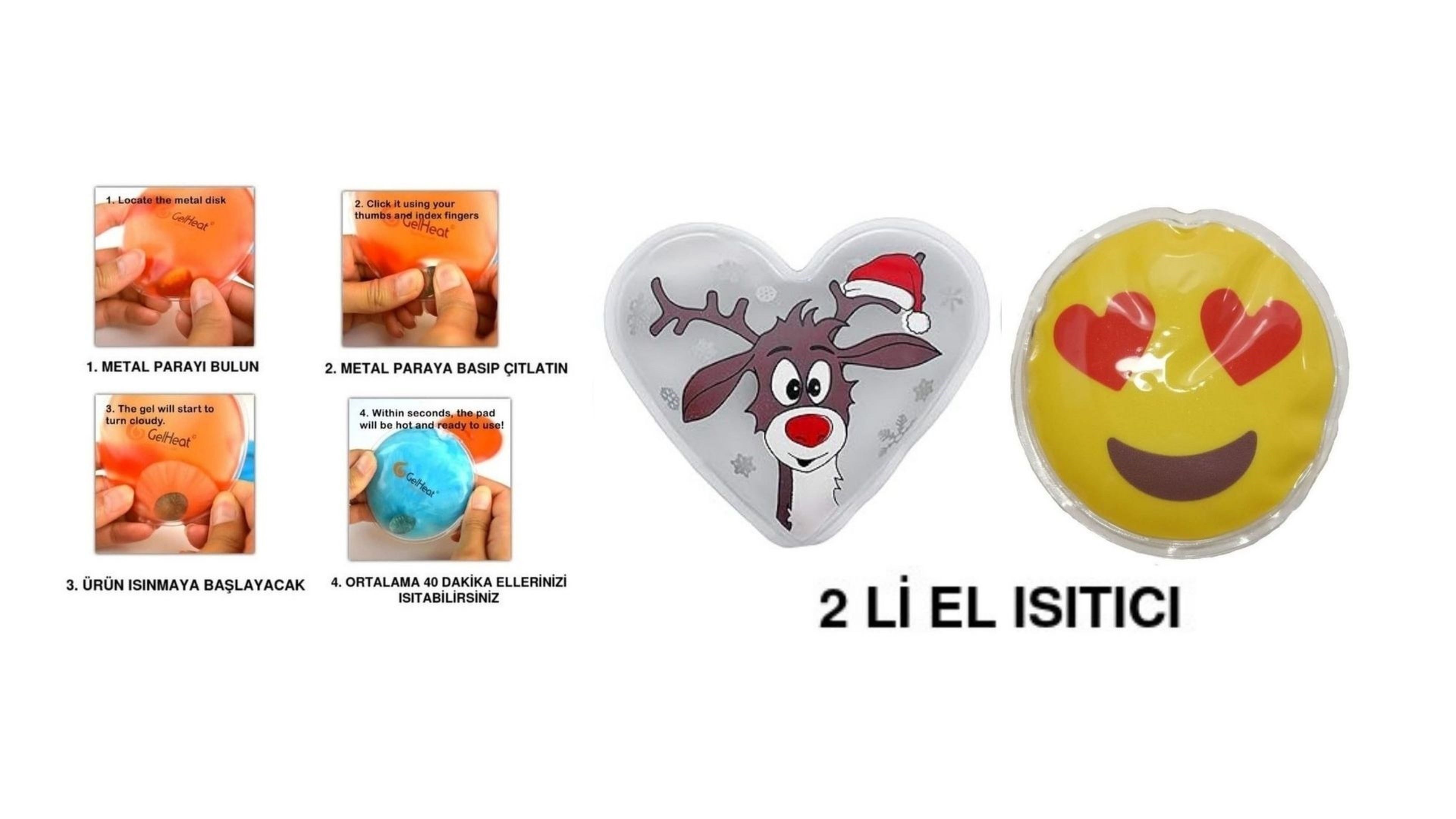 Kalp Emoji Beyaz Geyik Cep Sobası,El Isıtıcı,2 Adet Sıcak Su Torbası Pvc  9Cm