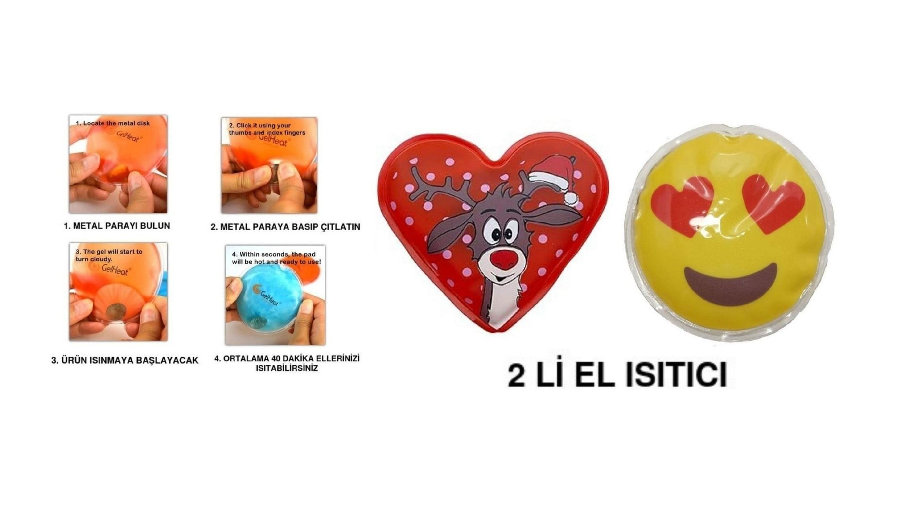 Kalp Emoji Kırmızı Geyik Cep Sobası,El Isıtıcı,İki Adet Sıcak Su Torbası Pvc  9Cm