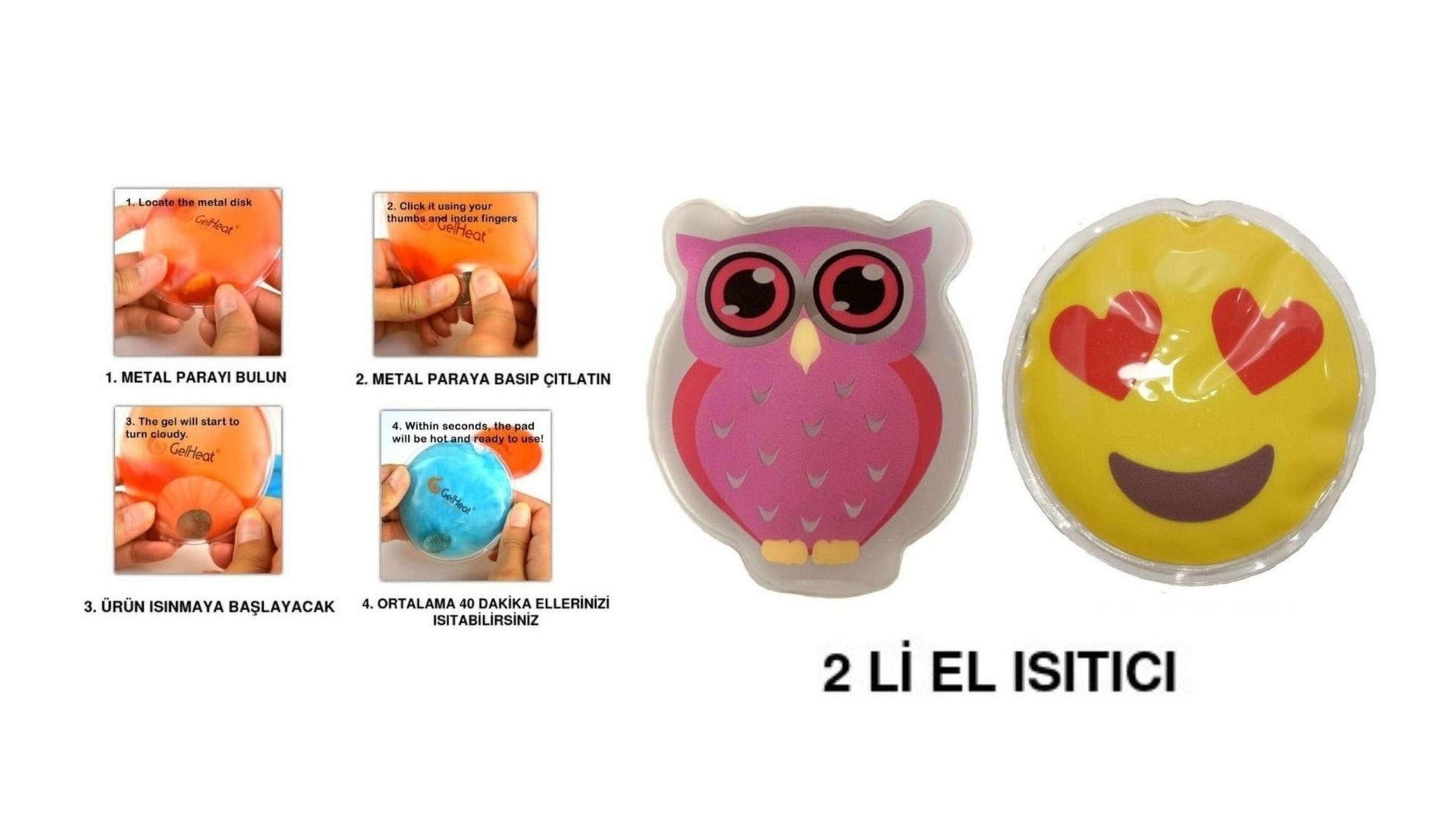Kalp Emoji Pembe Baykuş Cep Sobası,El Isıtıcı,2 Adet Sıcak Su Torbası Pvc  9Cm