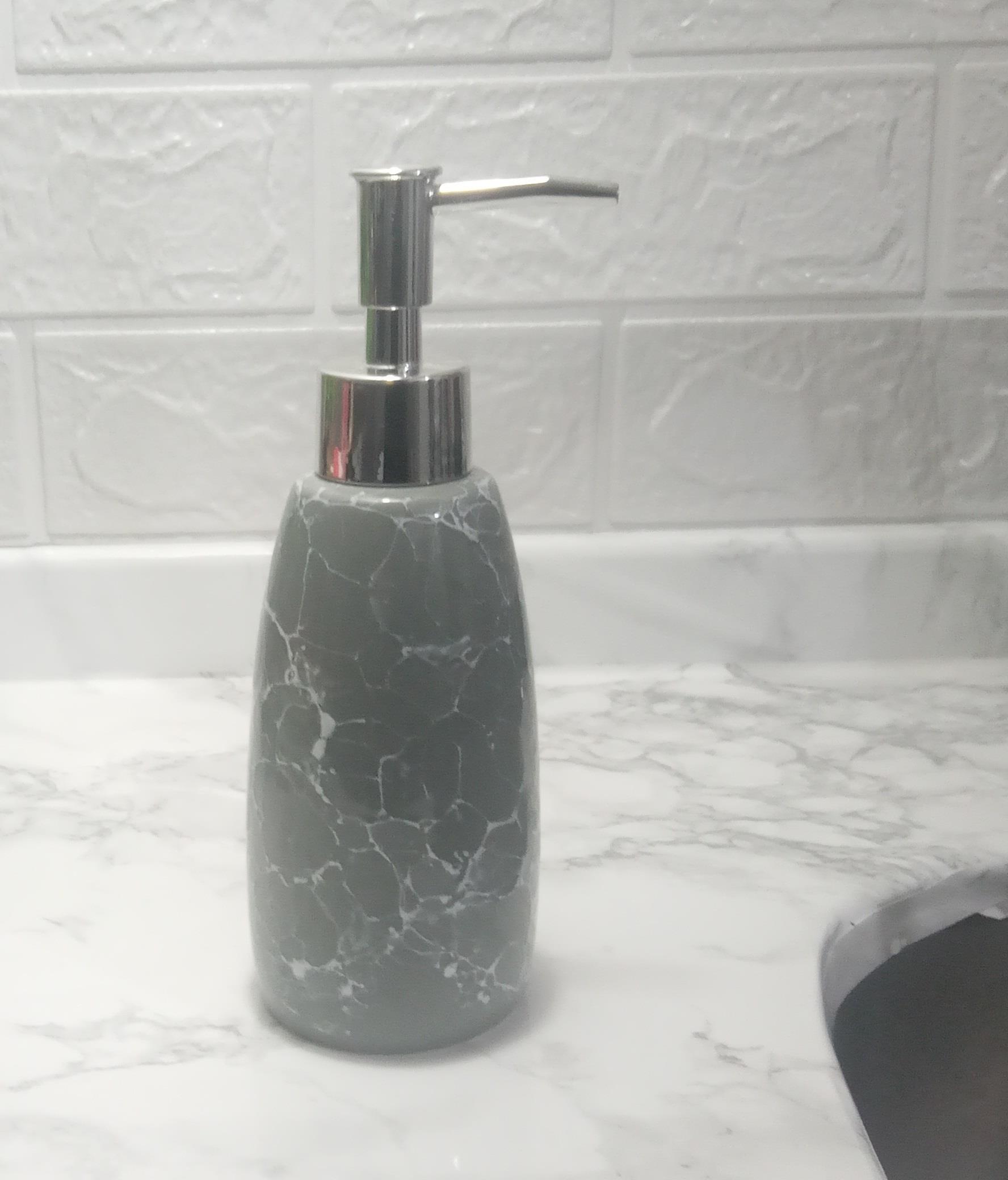 Mermer Desenli Gri Sıvı Sabunluk 8X8X17Cm 300Ml Banyo Seti  