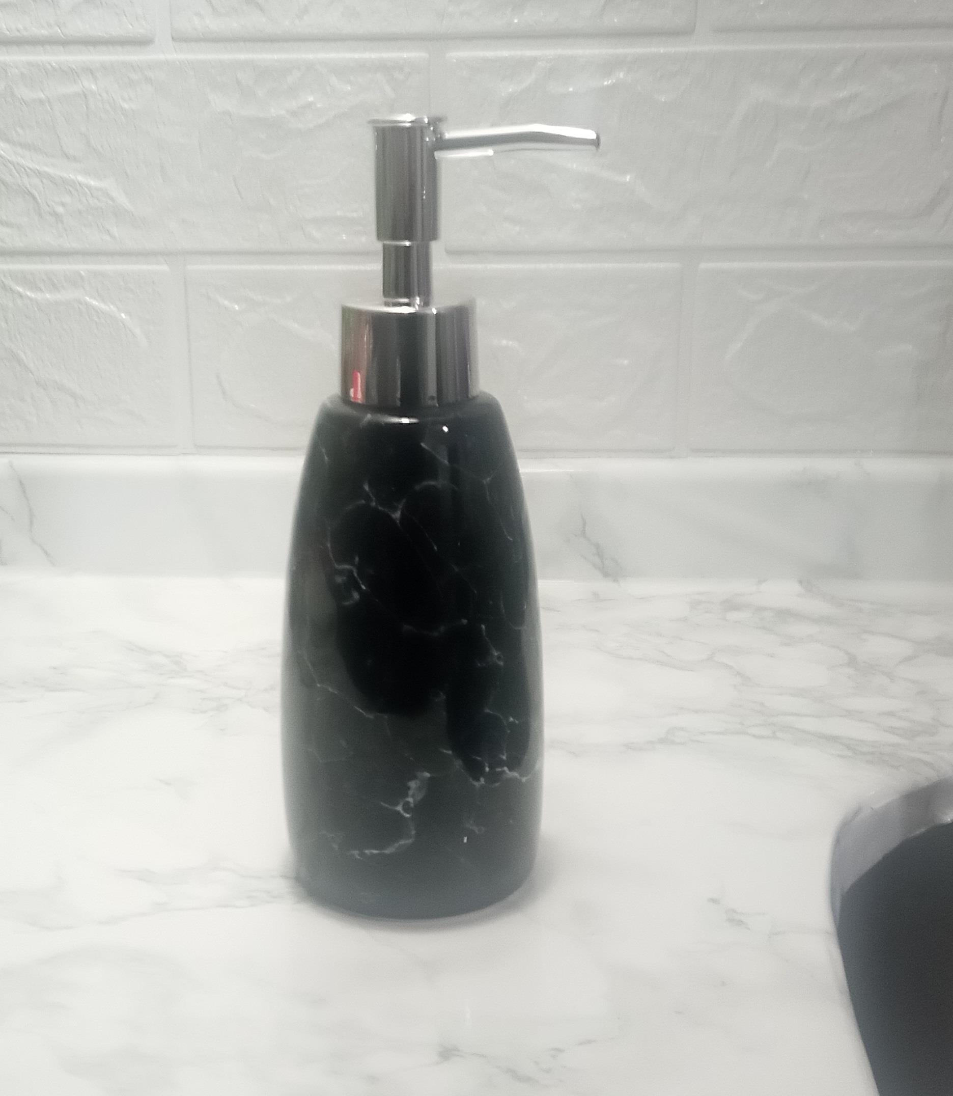 Mermer Desenli Siyah Sıvı Sabunluk 8X8X17Cm 300Ml Banyo Seti  