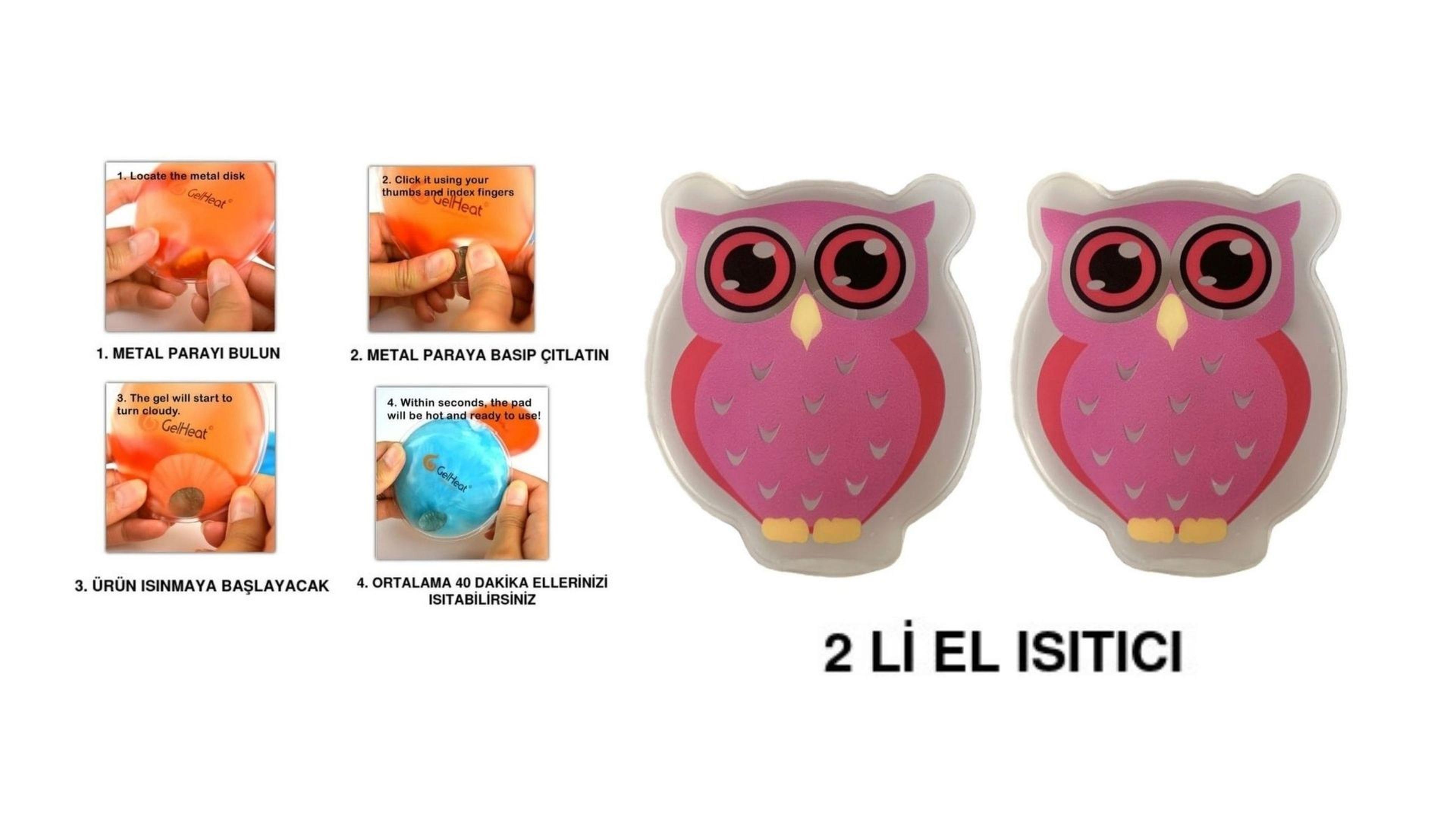 Pembe Baykuş Cep Sobası,El Isıtıcı,2 Adet Sıcak Su Torbası Pvc  9Cm