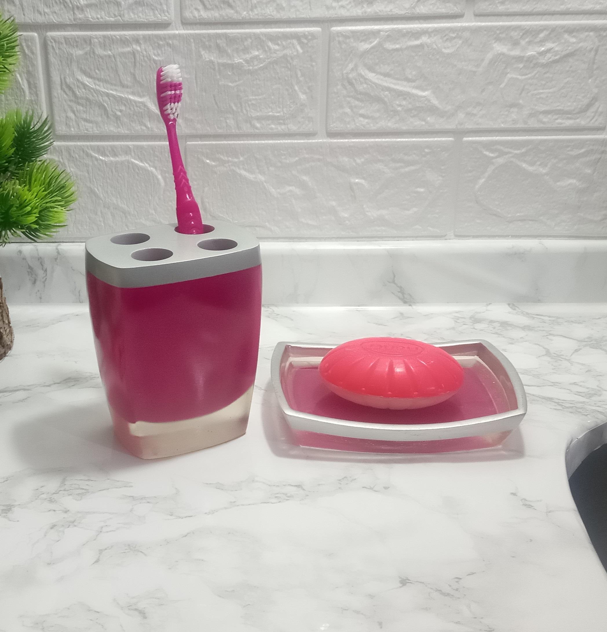 Sabunluk Diş Firçalik 2 Li Banyo Seti,Gri Pembe Poliresin