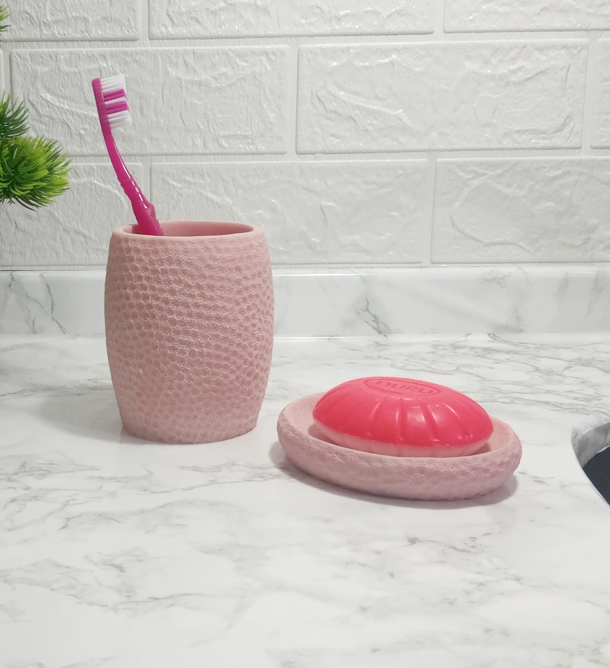 Sabunluk Diş Firçalik 2 Li Banyo Seti,Pembe Petek Model,Poliresin
