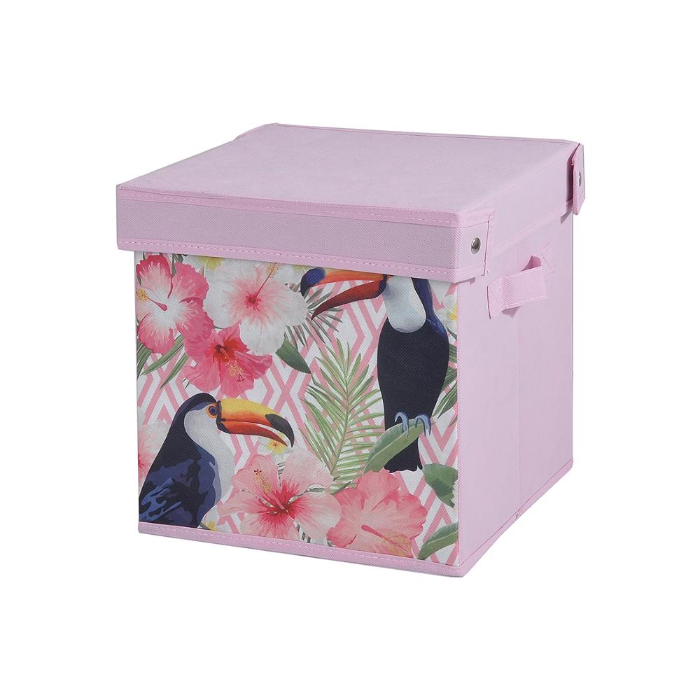 Saklama Kutusu Kapaklı Kuş Ve Papağan Desen Kumaş 28x28x28cm