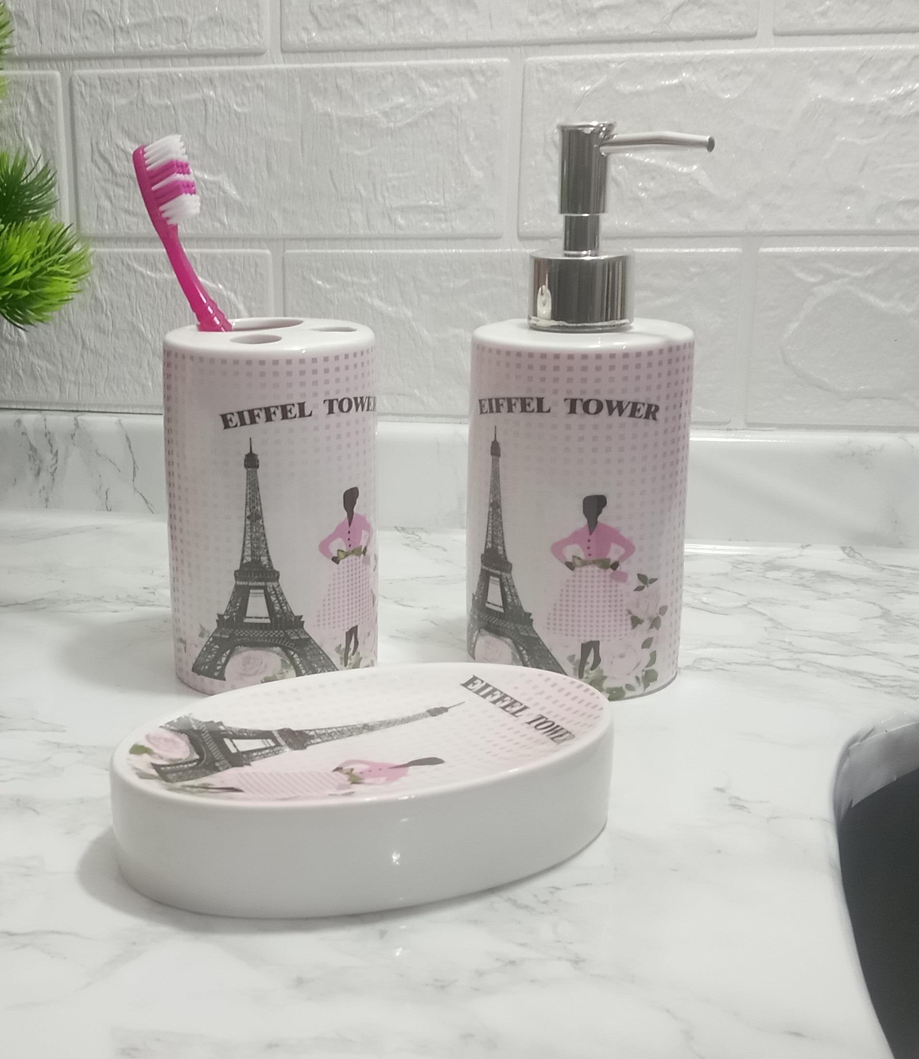 Seramik 3 Lü Banyo Seti Eyfel Kulesi Model 20X20X10Cm
