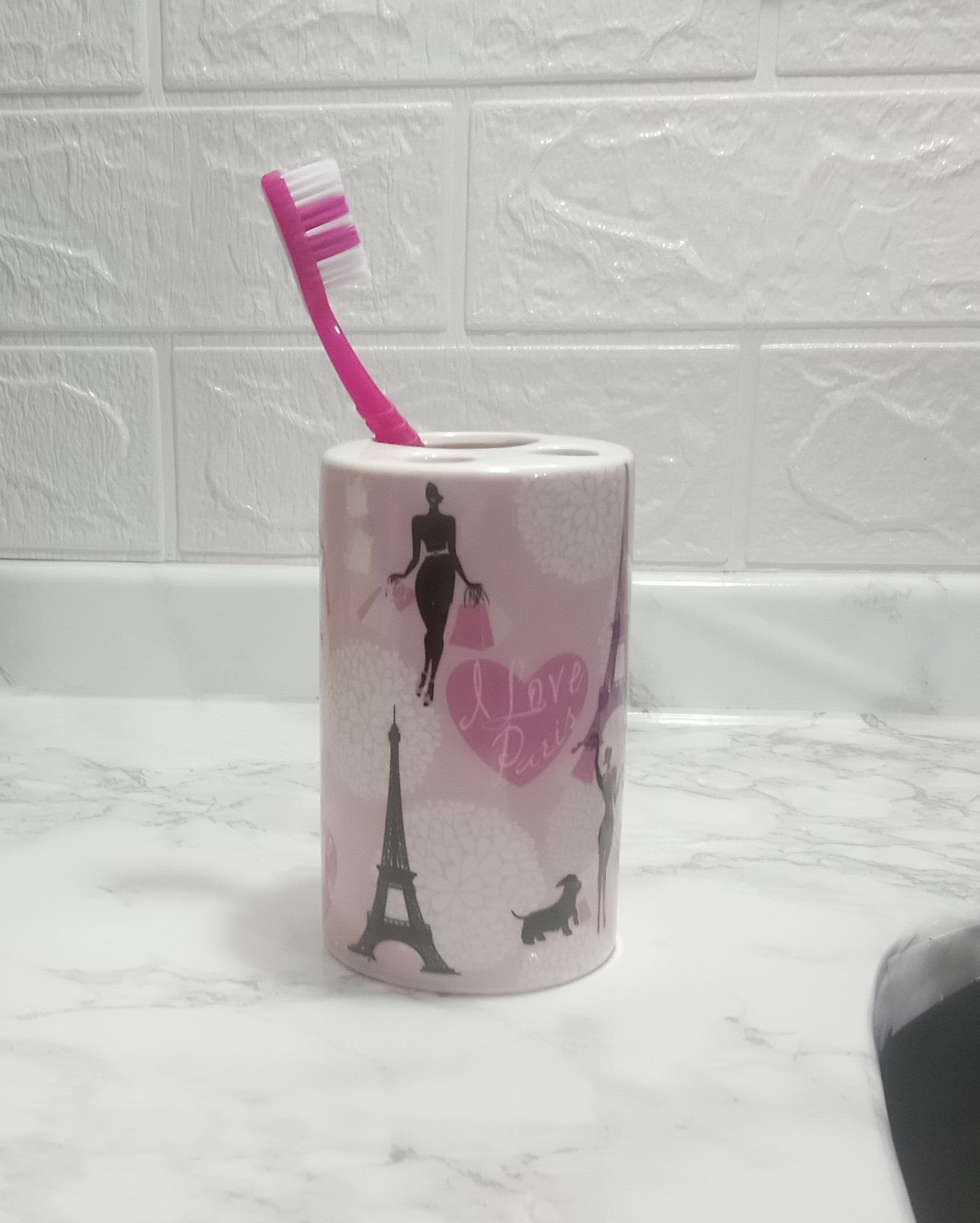 Seramik Diş Fırçalık Kızlı Paris Desenli 7x7x11cm