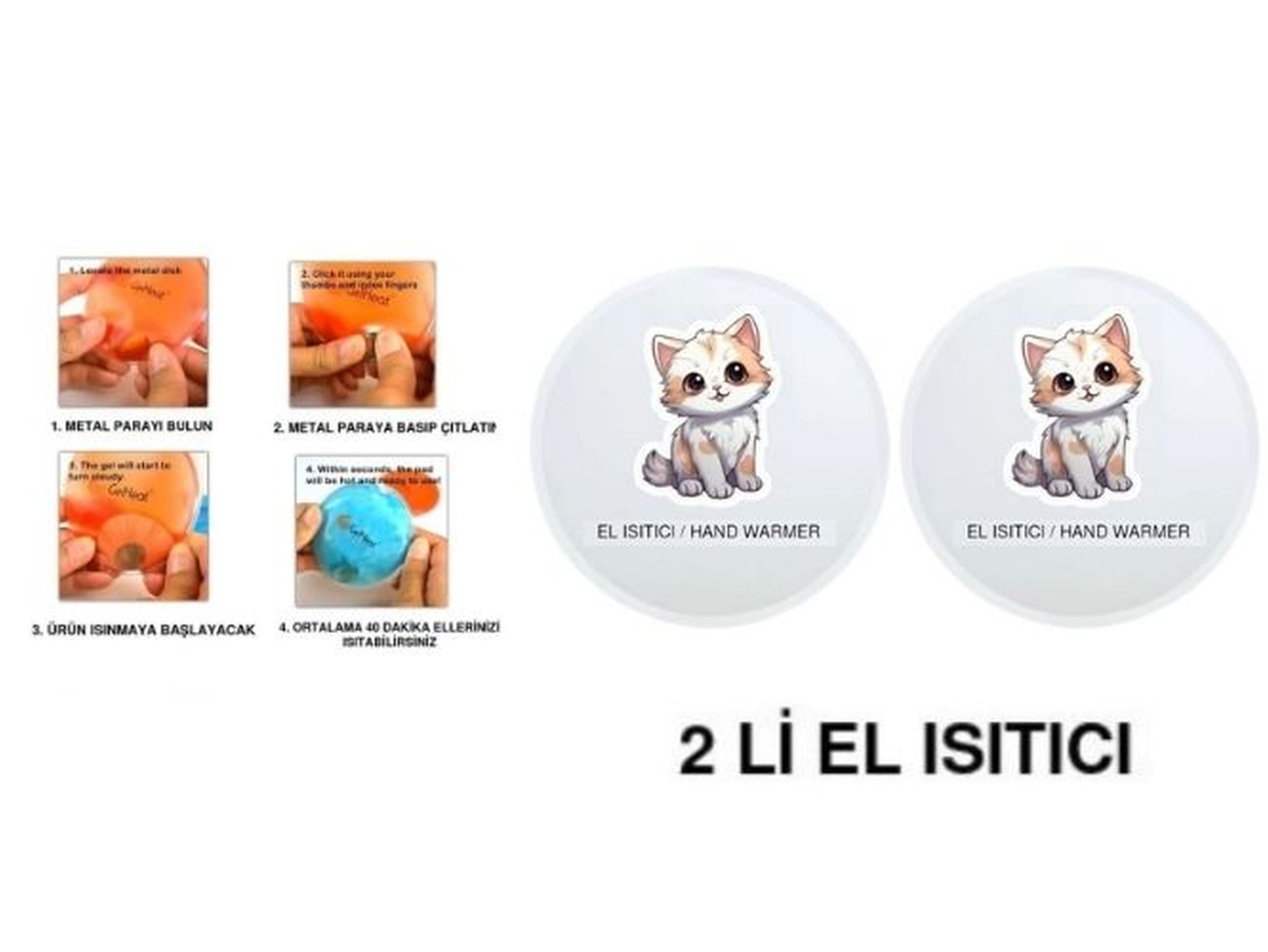Sevimli Kedi Cep Sobası,El Isıtıcı,2 Adet Sıcak Su Torbası Pvc  9Cm