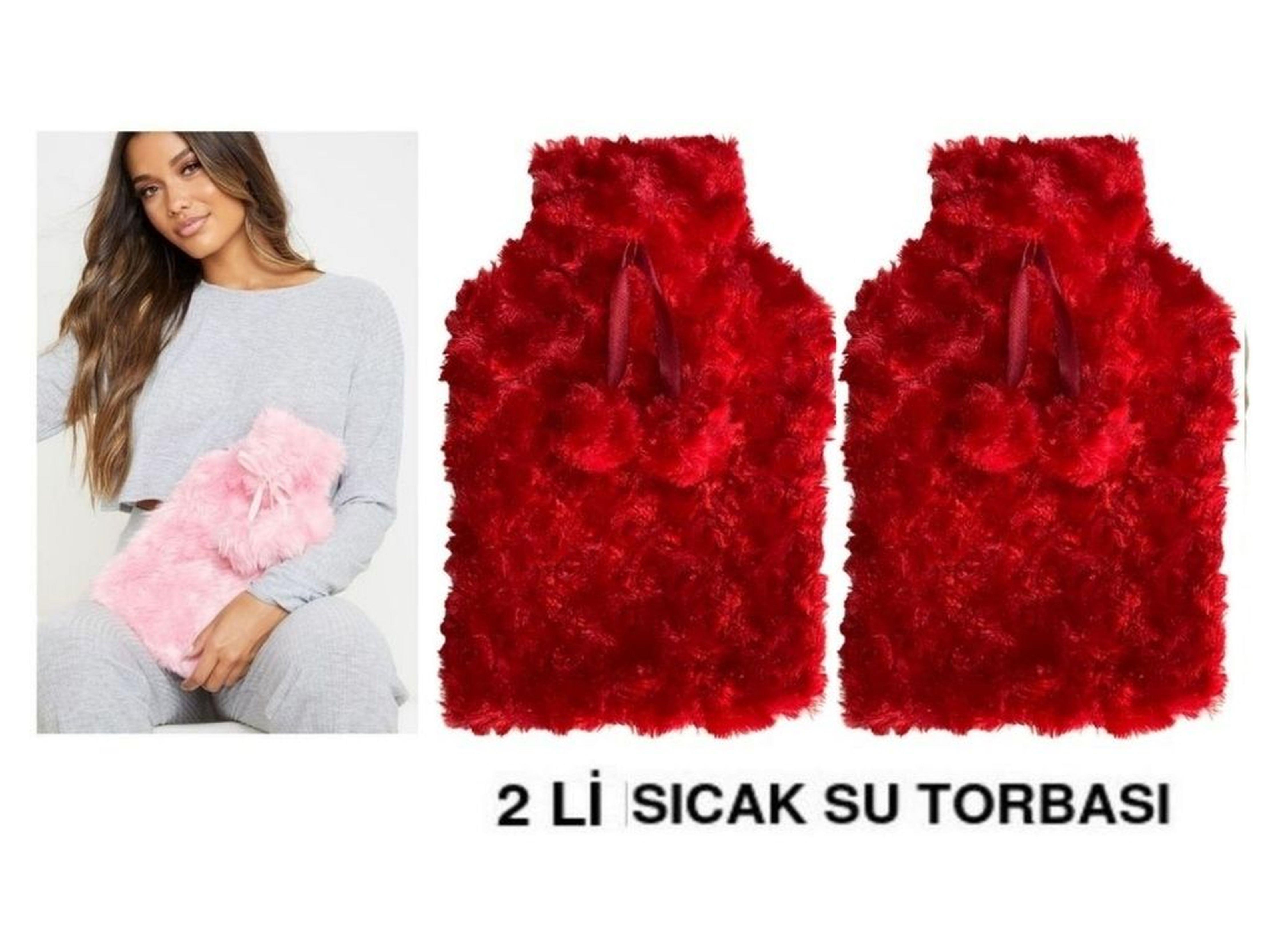 Sıcak Su Torbası 2 Adet,Kırmızı Renkli,Ponponlu Termofor 26X17X2Cm 1 Litre
