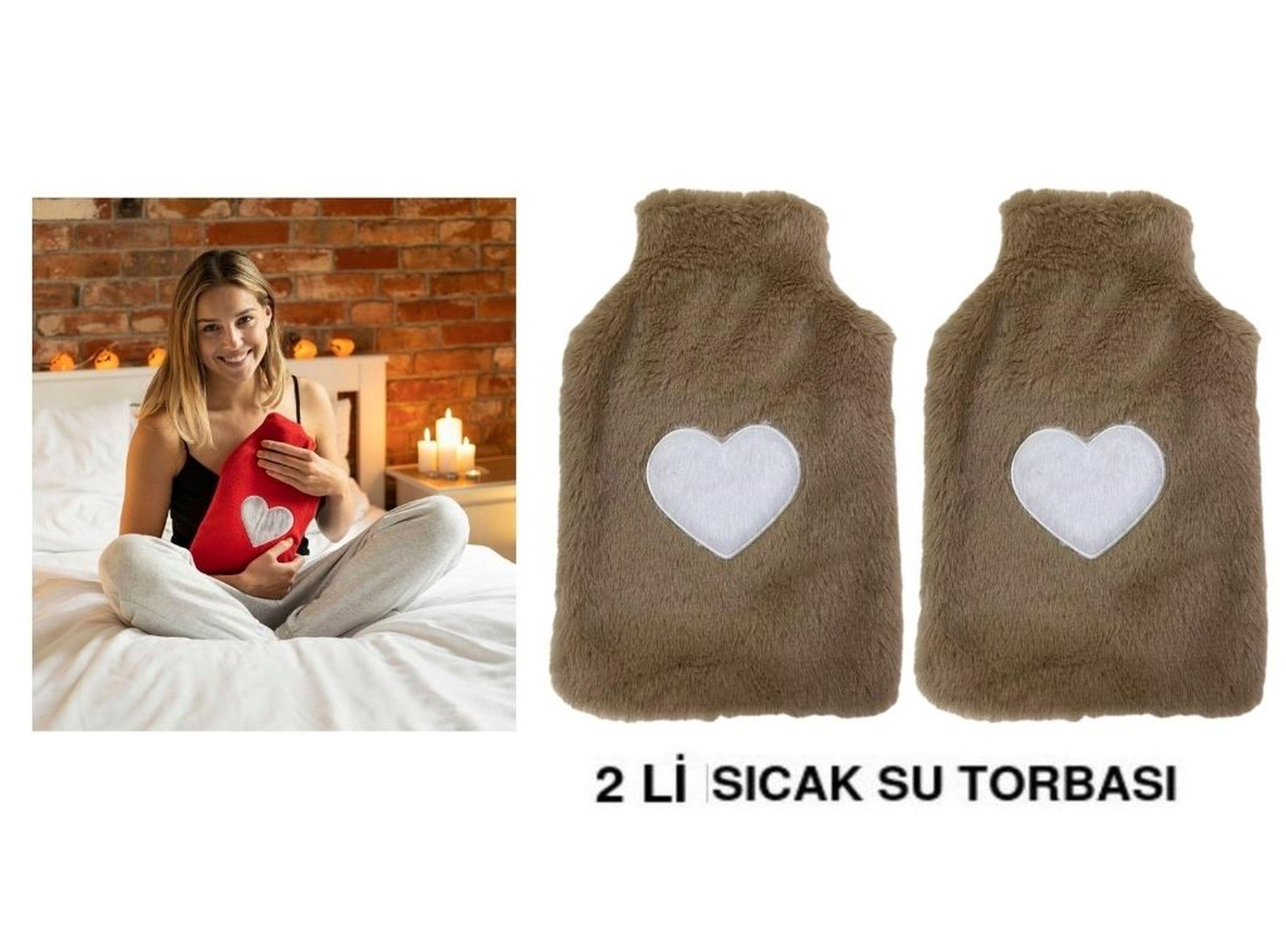 Sıcak Su Torbası 2 Adet,Peluş Kalpli,Bej Termofor 29X17Cm 750Ml