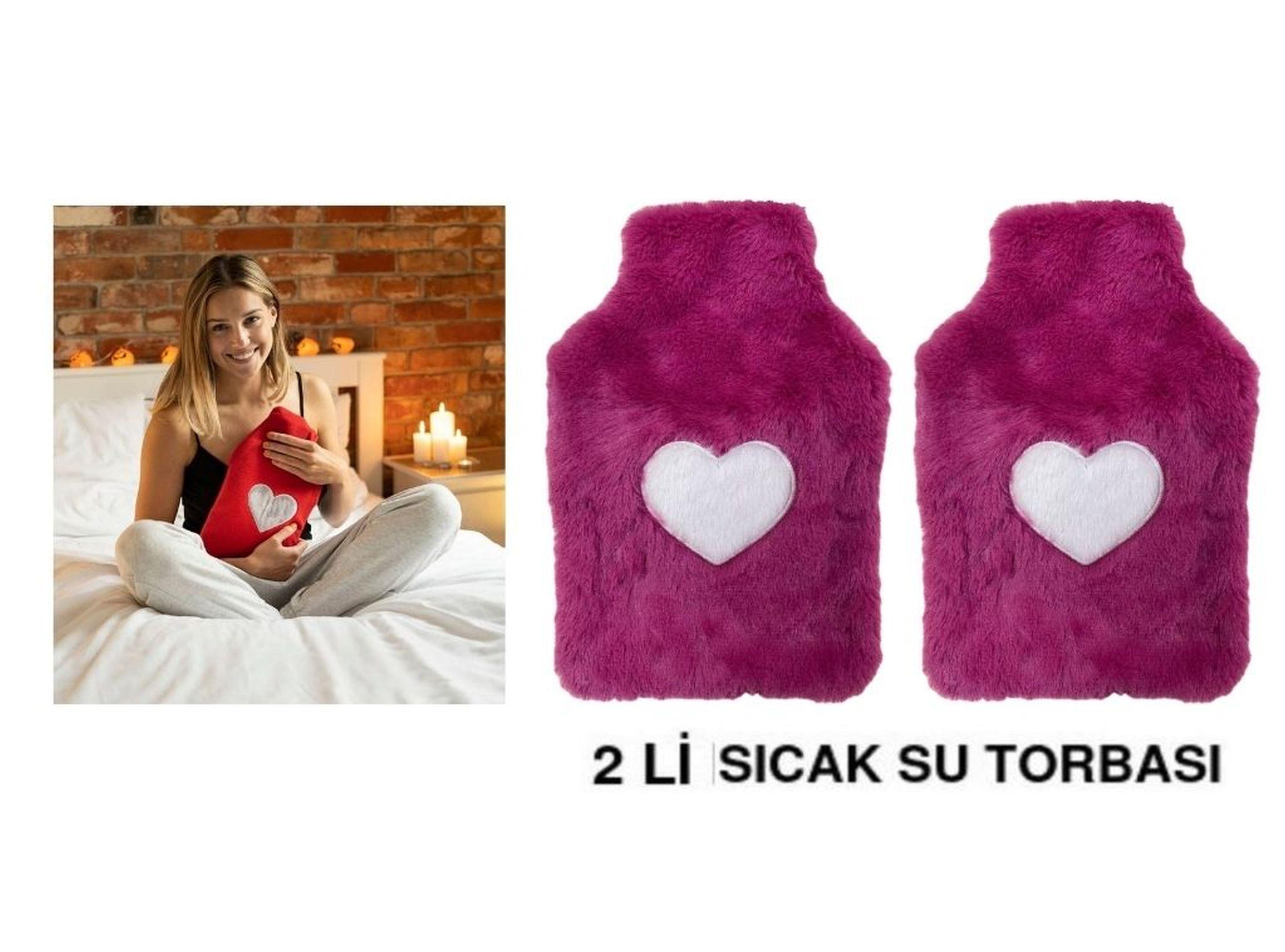 Sıcak Su Torbası 2 Adet,Peluş Kalpli,Pembe Termofor 29X17Cm 750Ml