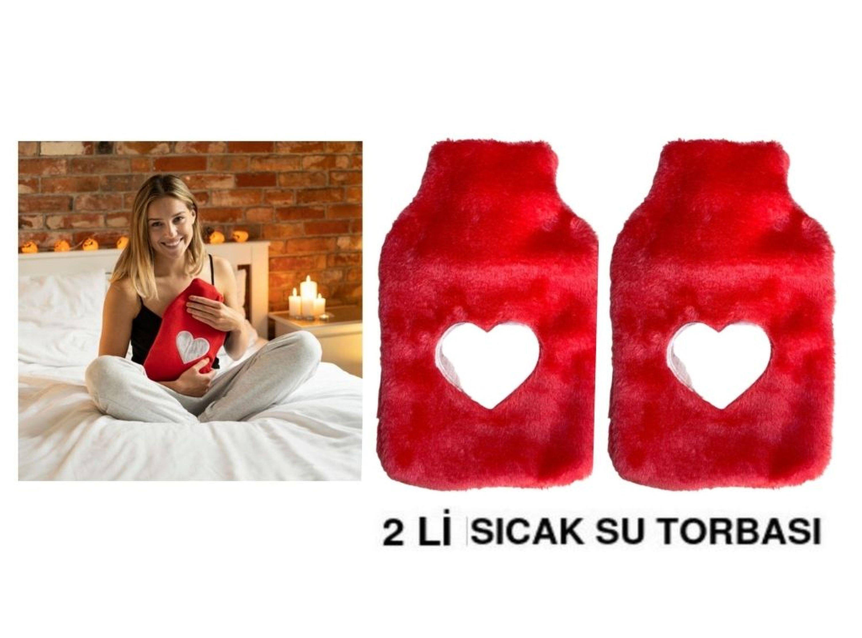 Sıcak Su Torbası 2 Adet,Peluş Kalpli,Pembe Termofor 26X17X2Cm 1 Litre