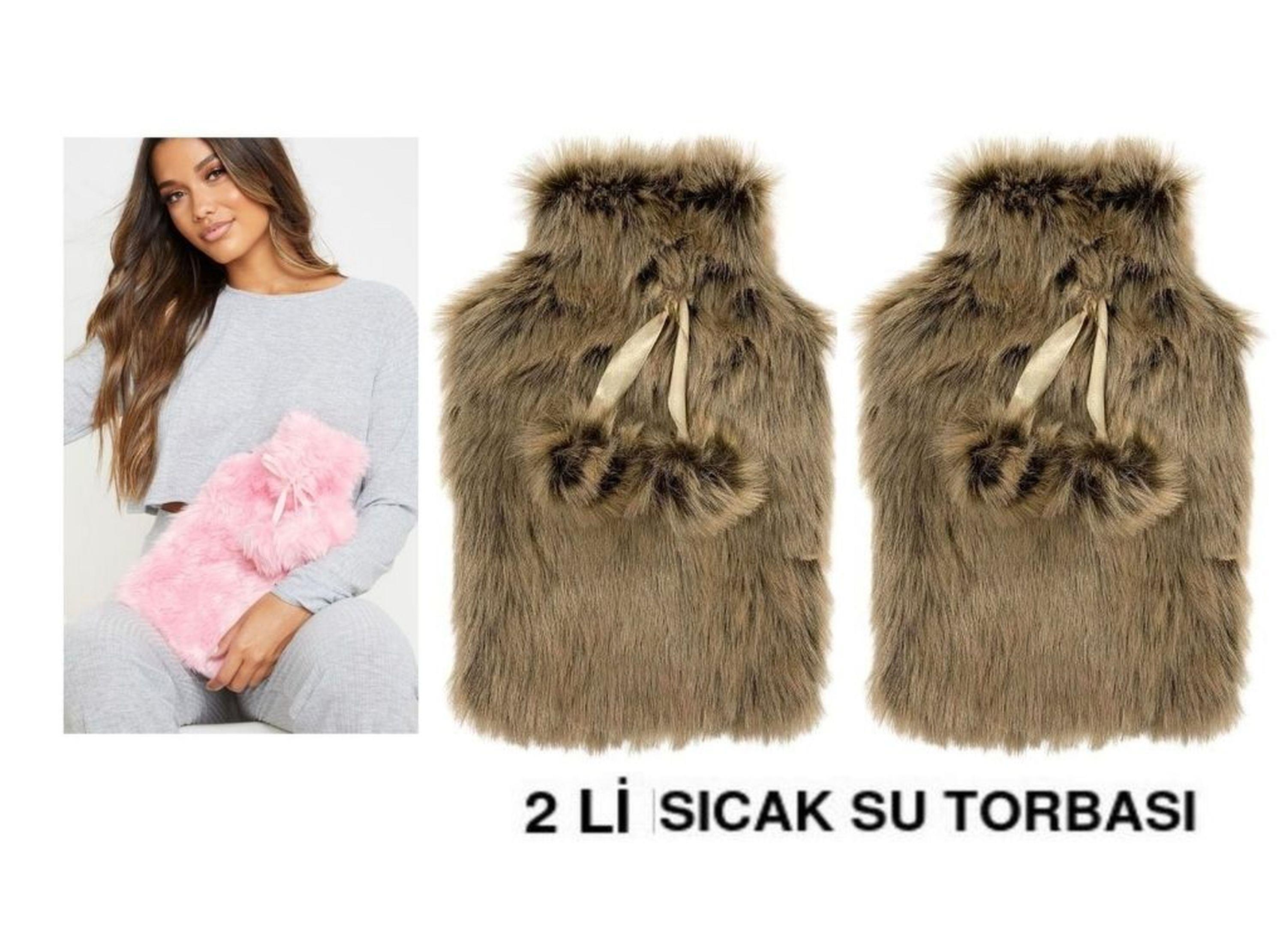 Sıcak Su Torbası 2 Adet,Peluş Ponponlu Kahverengi 28X18X2Cm 1 Litre