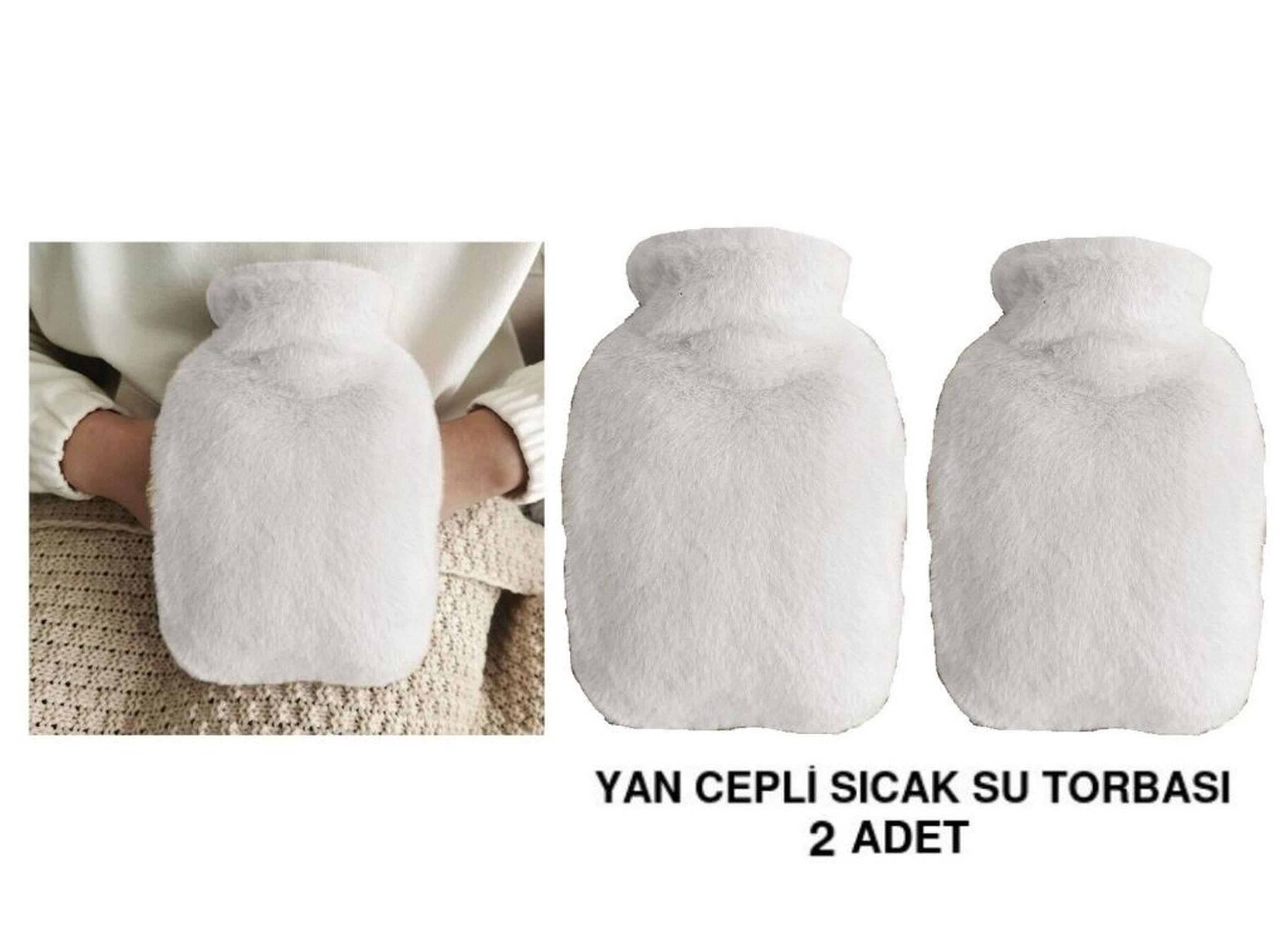 Sıcak Su Torbası 2 Adet,Yan Cepli Beyaz Peluş Termofor 27X17X2Cm  750Ml