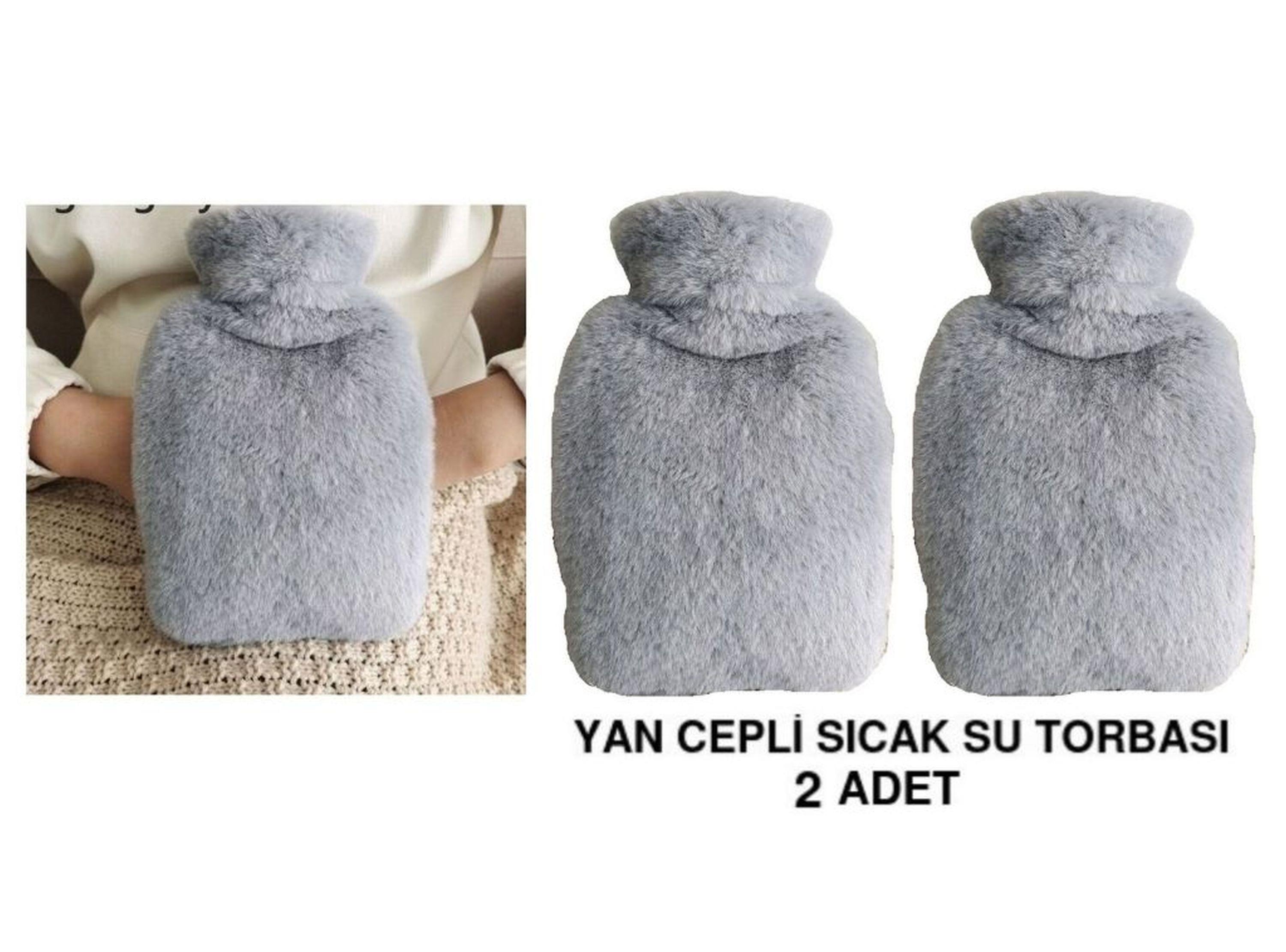 Sıcak Su Torbası 2 Adet,Yan Cepli Gri Peluş Termofor 27X17X2Cm  750Ml