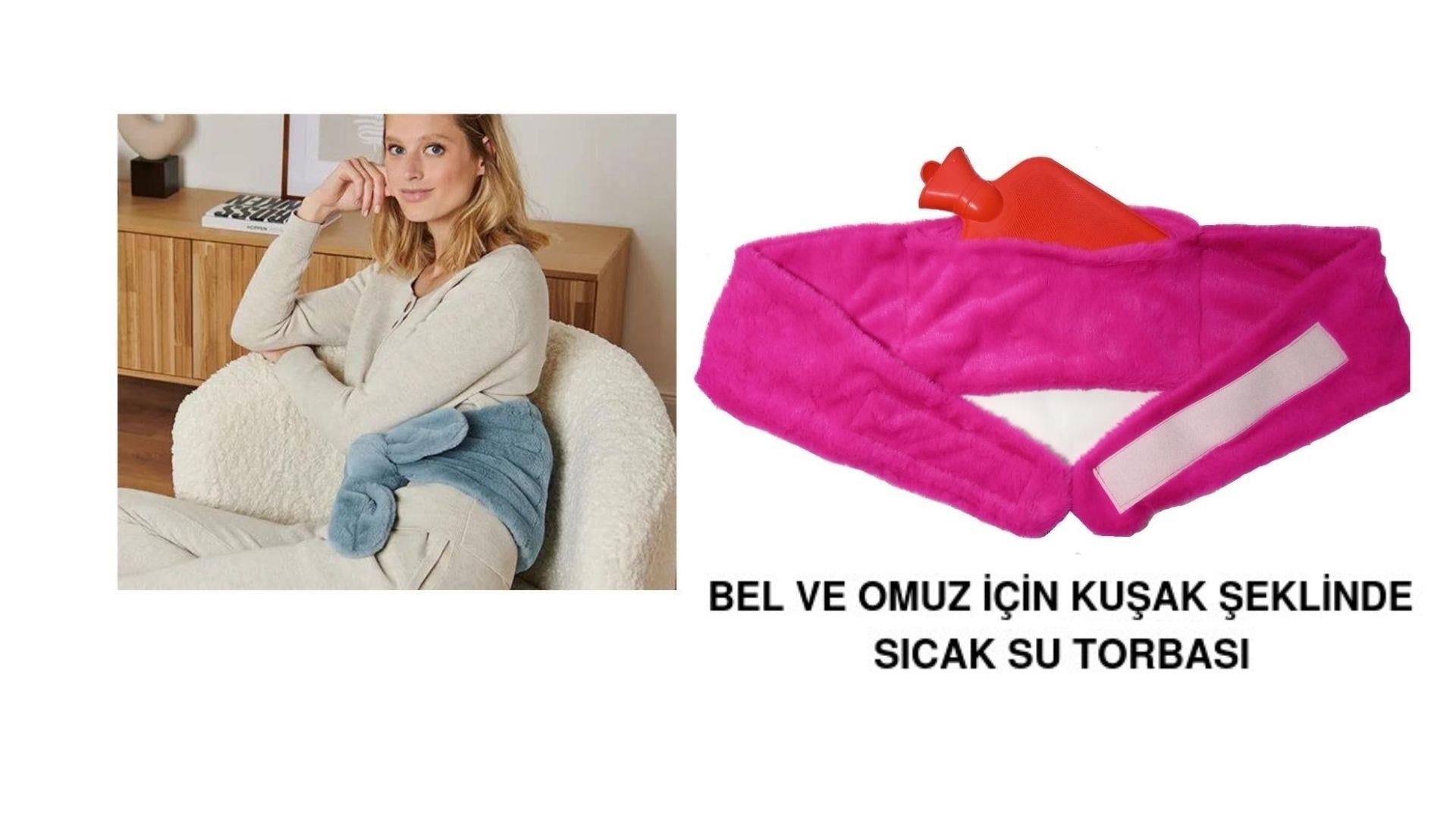 Sıcak Su Torbası Bel Ve Omuz İçin Kuşak Şeklinde Peluş Pembe Termofor 1500ml 160x22cm