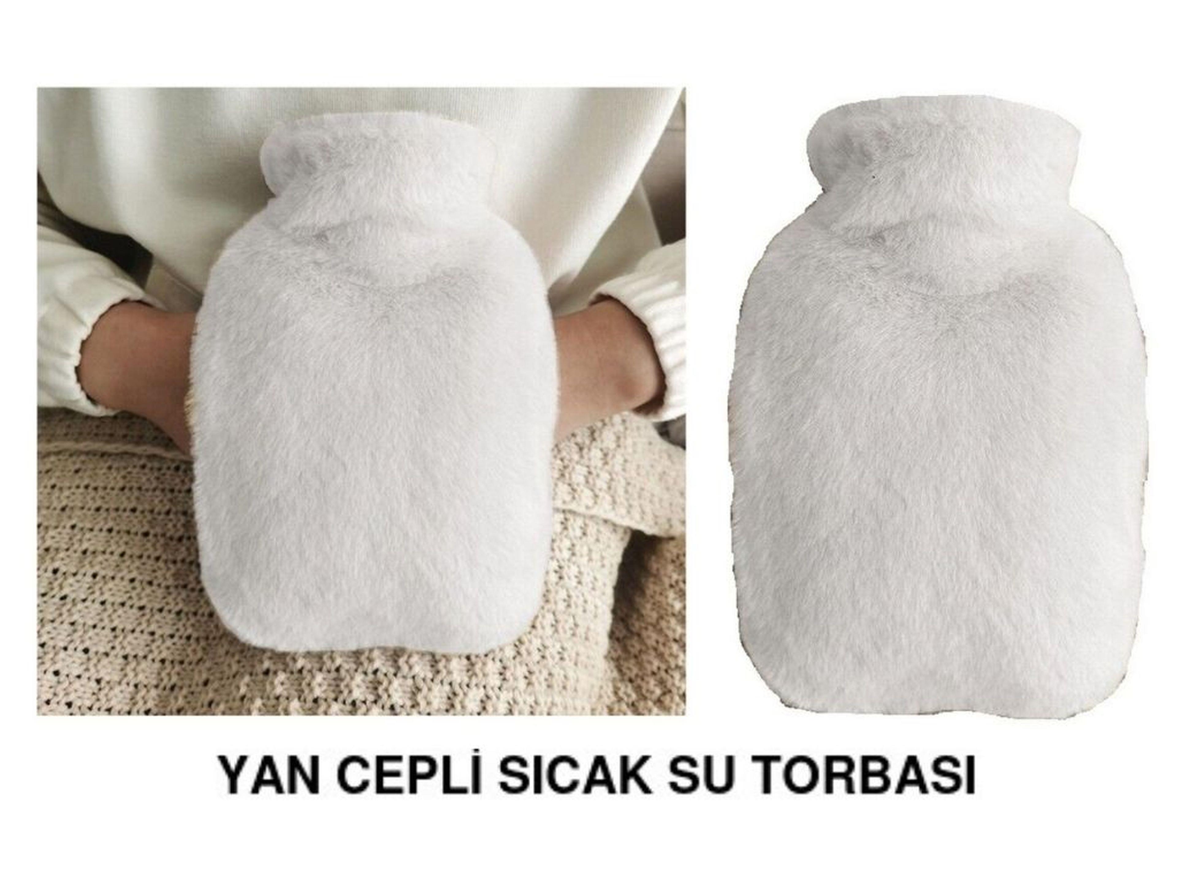 Sıcak Su Torbası Yan Cepli Beyaz  Peluş Termofor 27x17x2cm 750ml