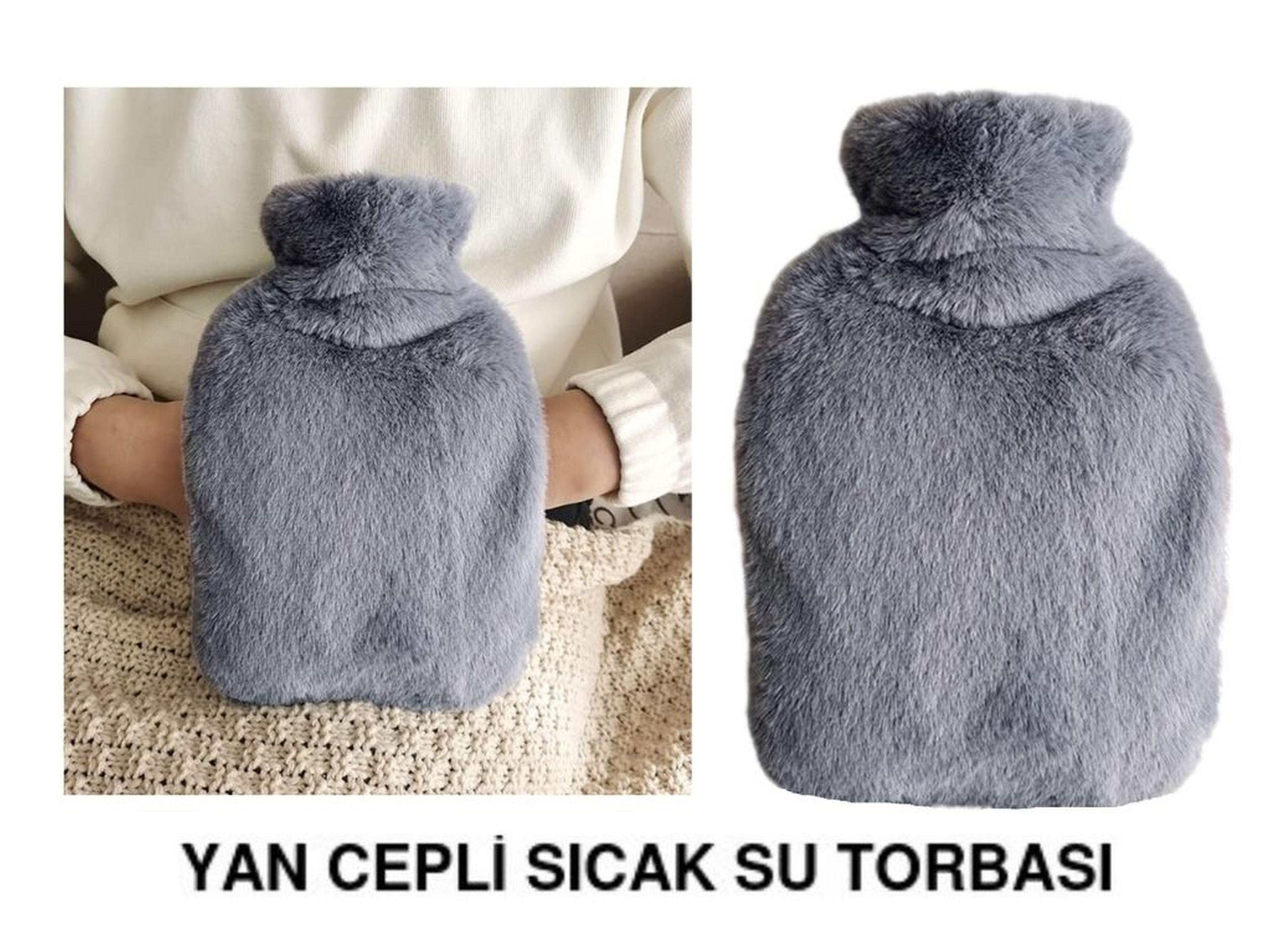 Sıcak Su Torbası Yan Cepli Gri  Peluş Termofor 27X17X2Cm  1 Litre