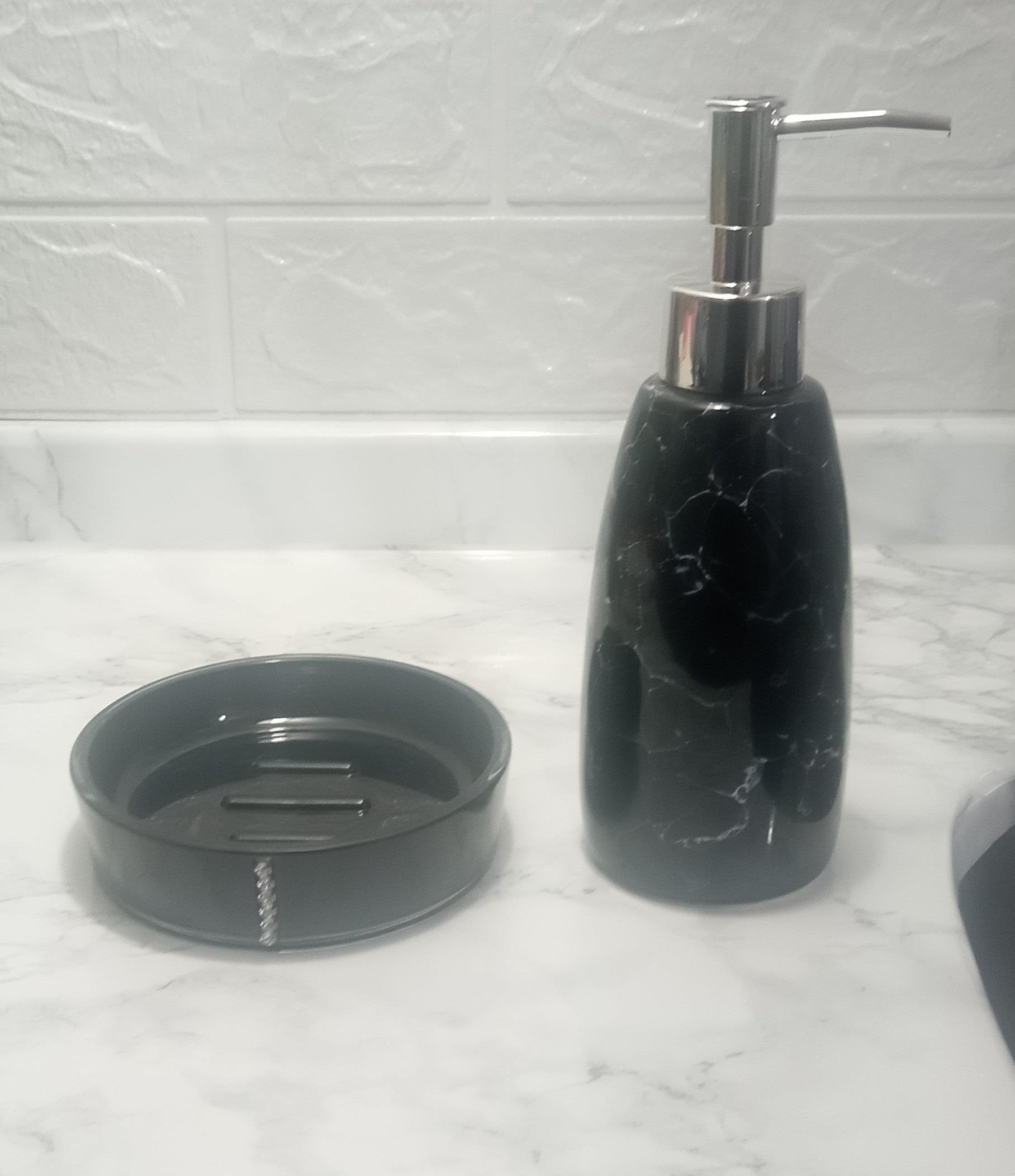 Sıvı Sabunluk Ve Sabunluk 2 Li Banyo Seti,Siyah Taşlı