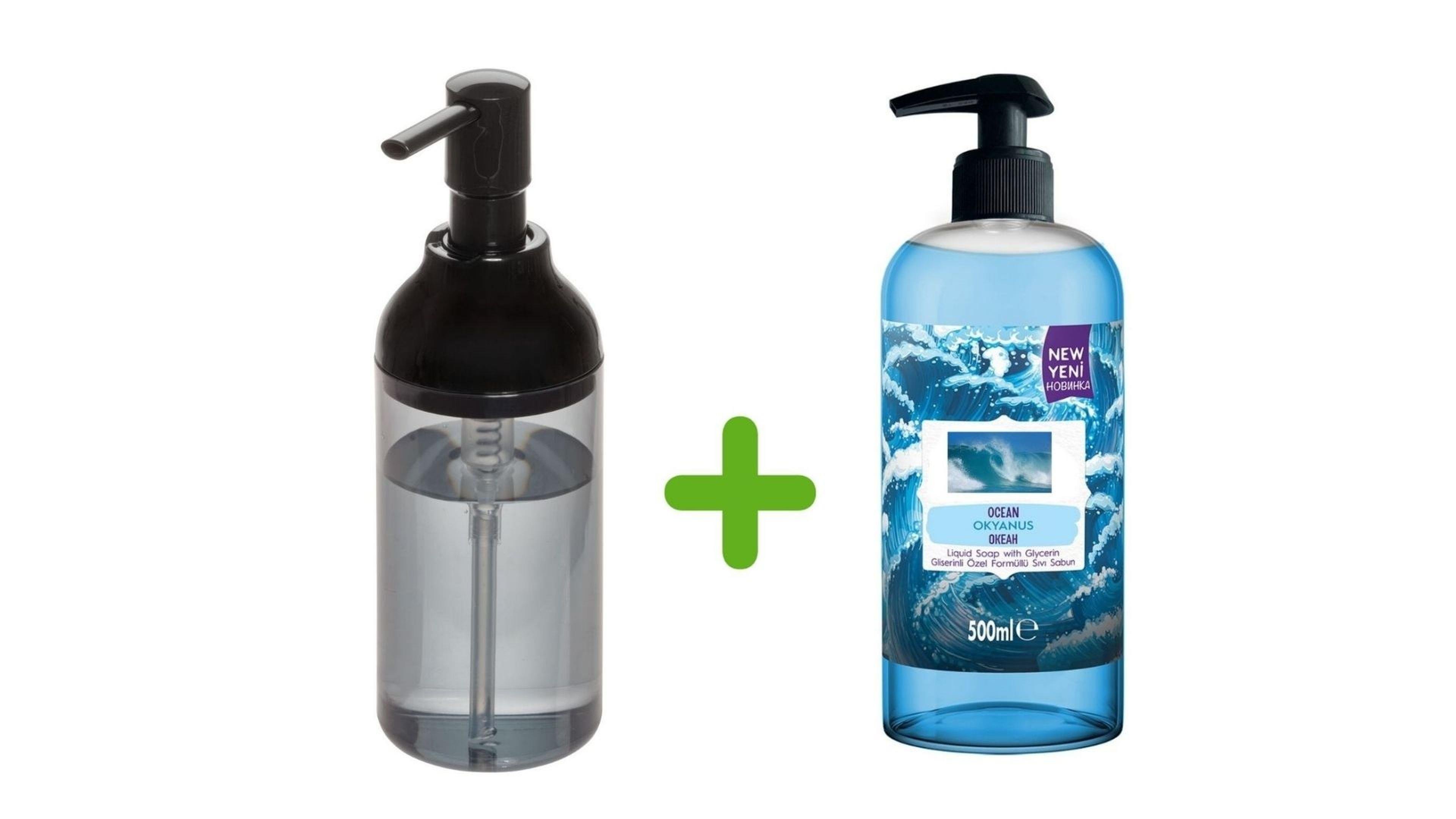 Siyah Füme Sıvı Sabunluk Ve 1 Adet 400 ml Sıvı Sabun Okyanus Kokulu