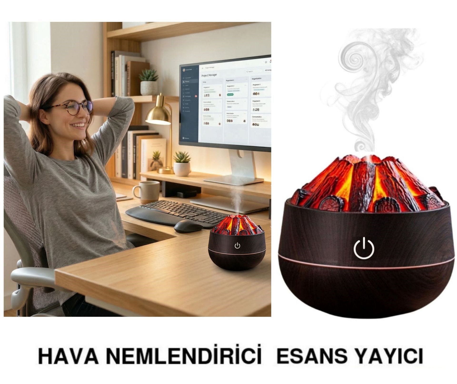Şömine  Tasarımlı Usb Lı Led Aydınlatmalı Hava Nemlendirici,Aromaterapik Hava Difüzörü,Buhurdanlık,,Sis Spreyli Gece Lambası, 300 Ml 10X10X10,3Cm Koyu Kahverengi