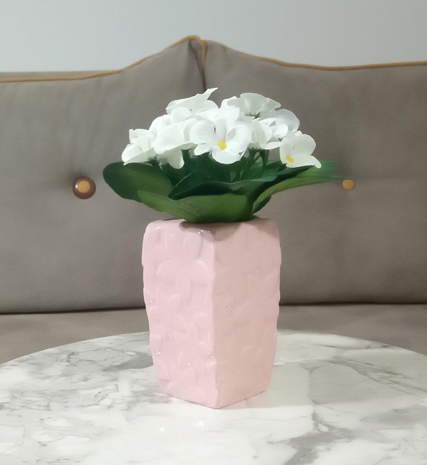 Vazoda Çiçek,Beyaz Yapay Çiçek,Vazo Dekoratif Çiçekli Pembe 7X7X17Cm  