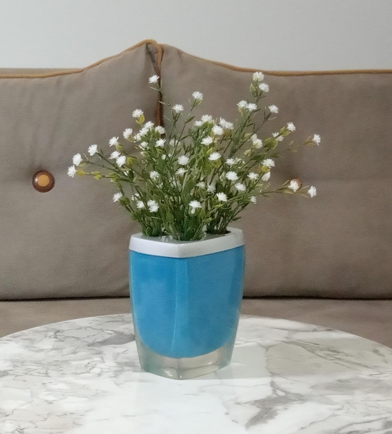 Vazoda Çiçek,Beyaz Yapay Çiçek,Vazo Dekoratif Gri Mavi Poliresin 8X4X16Cm  