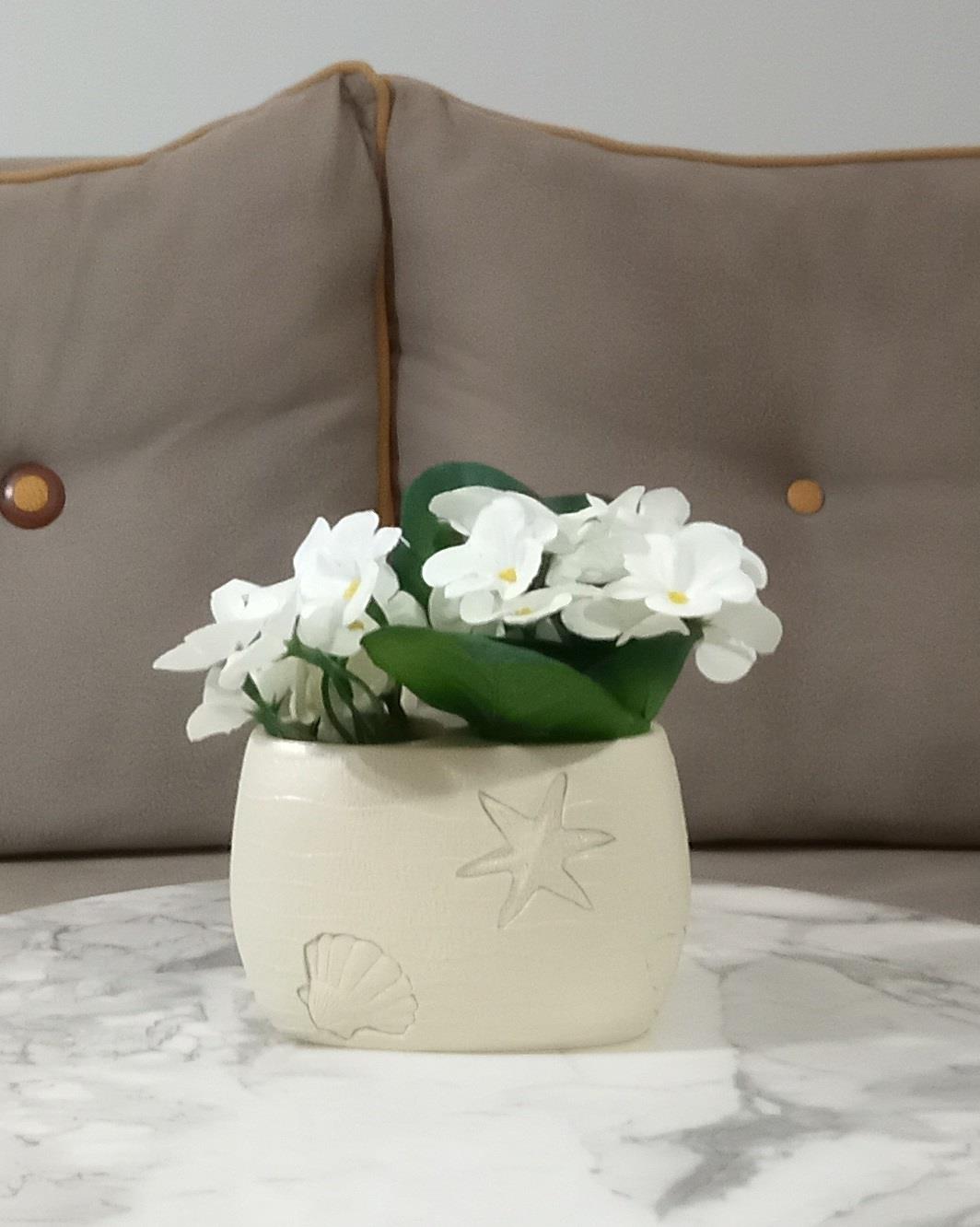 Vazoda Çiçek,Beyaz Yapay Çiçek,Vazo Dekoratif İstiridye Poliresin 10X5X14Cm