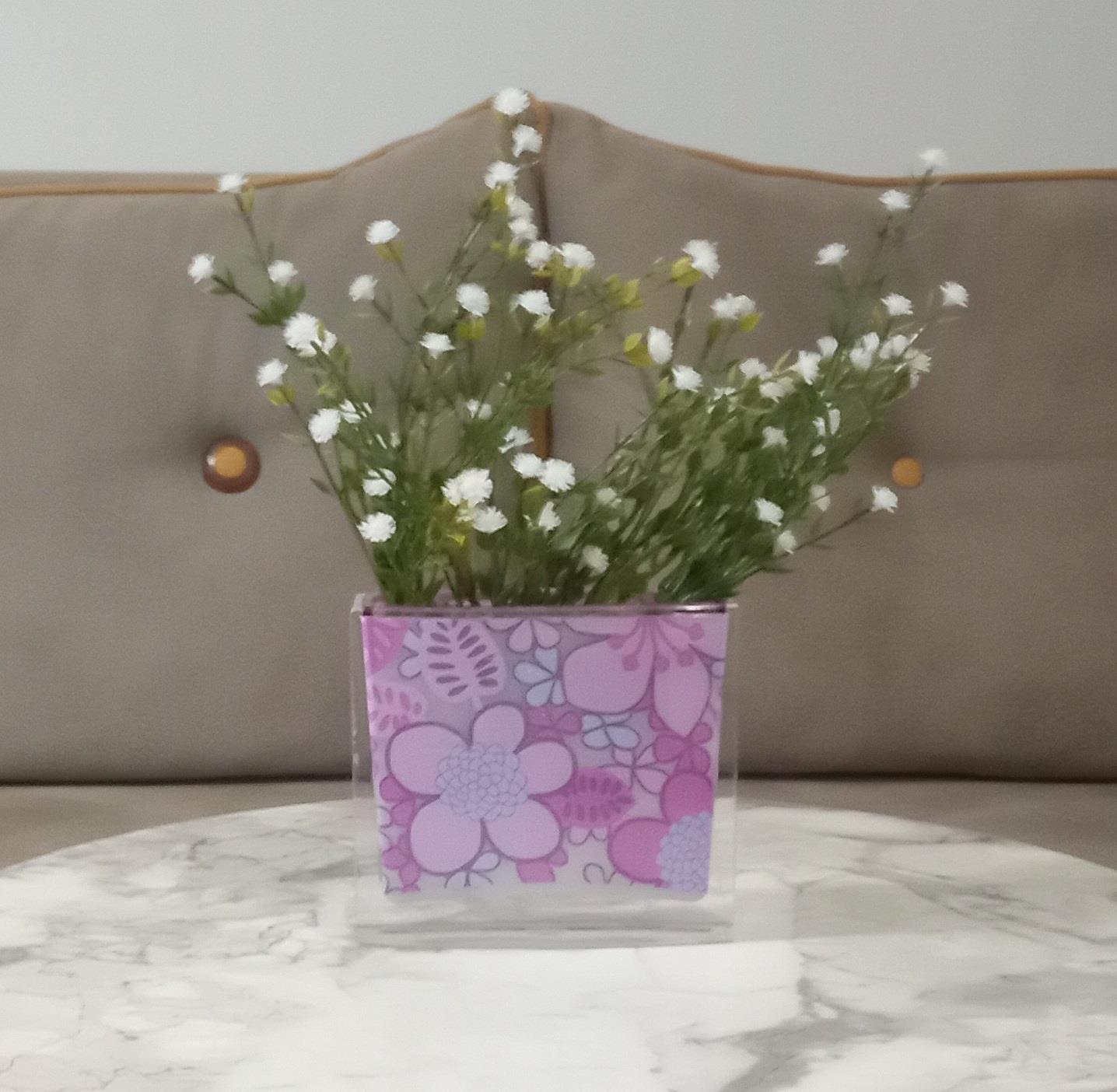 Vazoda Çiçek,Beyaz Yapay Çiçek,Vazo Dekoratif Pembe Çiçekli  10X15X3Cm  