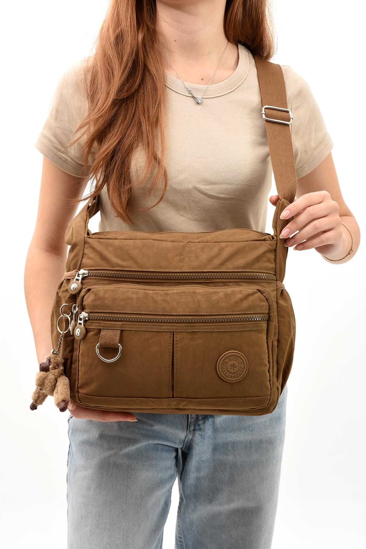 Çapraz Askılı Ultra Hafif Çok Cepli Bayan Omuz Çantası Taba (Model: 571-6D) 