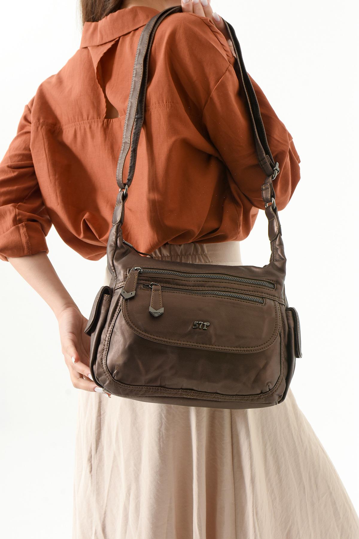 Suni Deri Omuz Çantası Bronz (Model: 571-13-10L) 