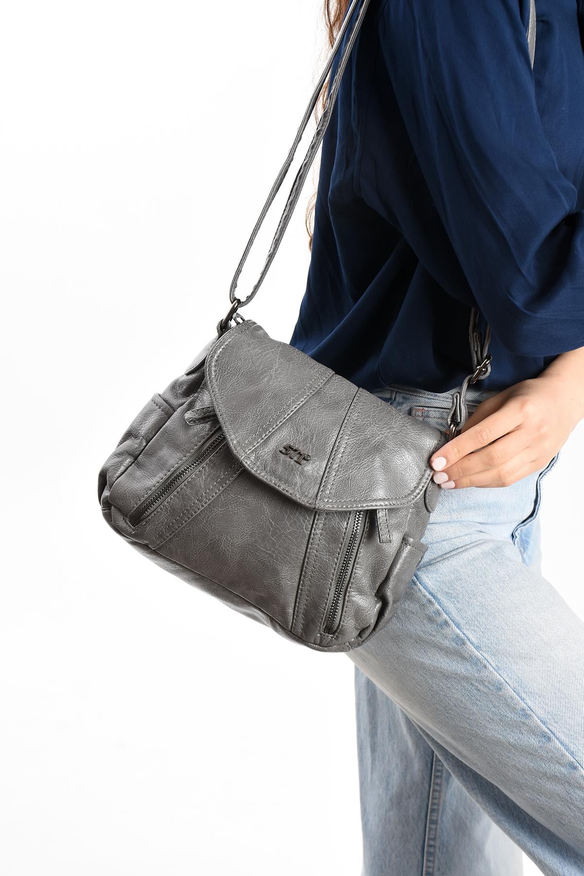 Suni Deri Omuz Çantası Gri (Model: 571-13-13N) 