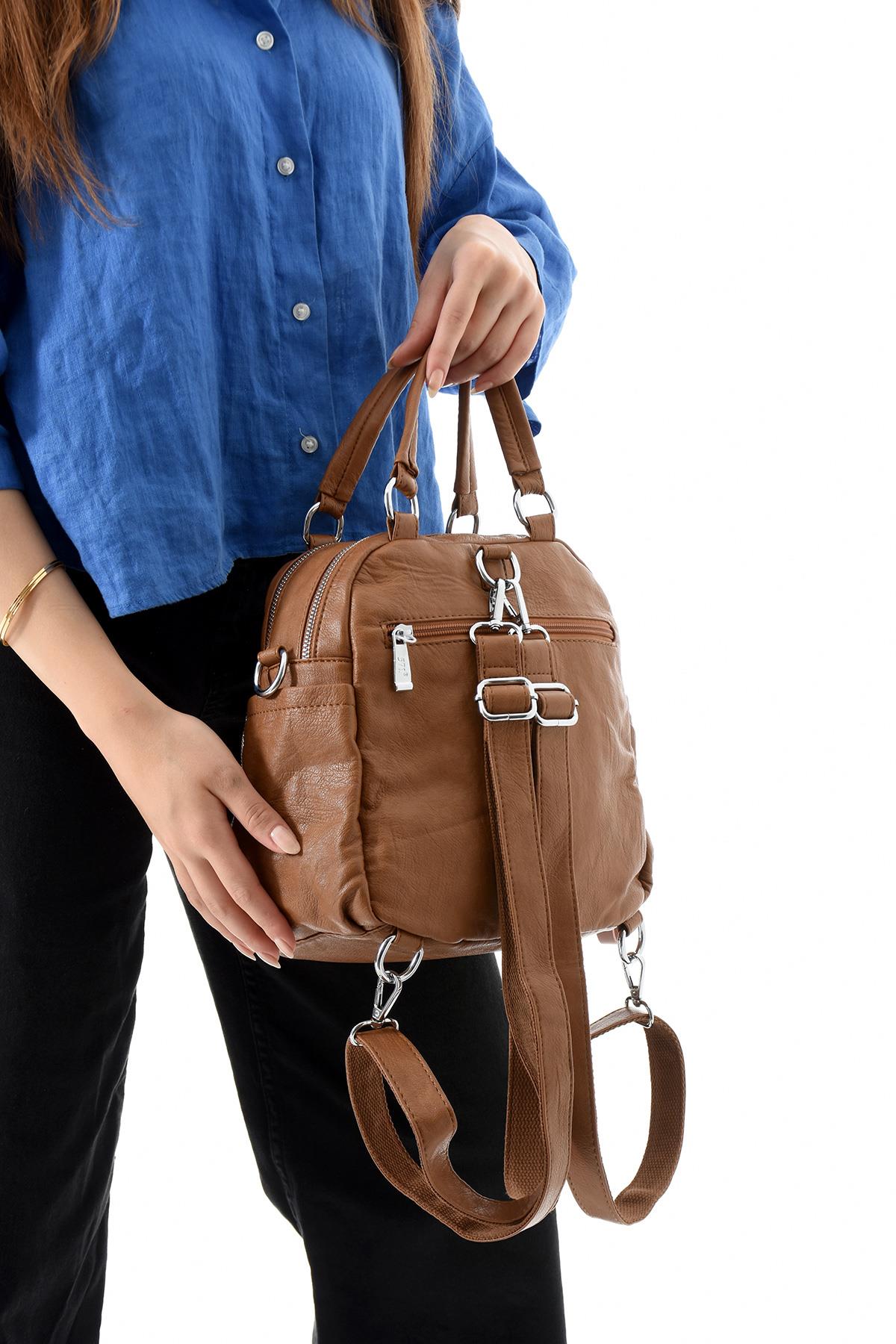 Üç Fonksiyonlu Suni Deri Sırt, Omuz, ve El Çantası Taba  (Model: 571-13-17B)