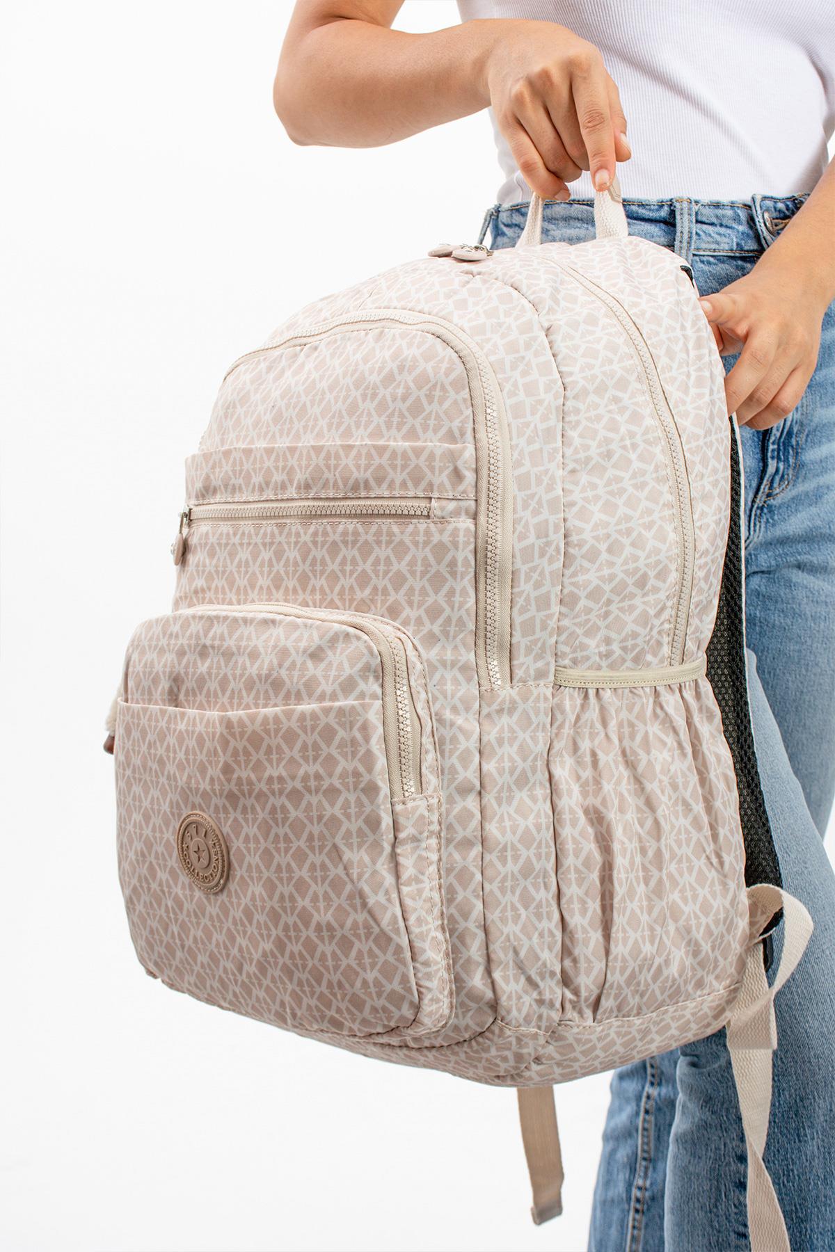 Ultra Hafif Çok Cepli Su Geçirmez Sırt Çantası Unisex Desenli Krem (Model: 571-1B)