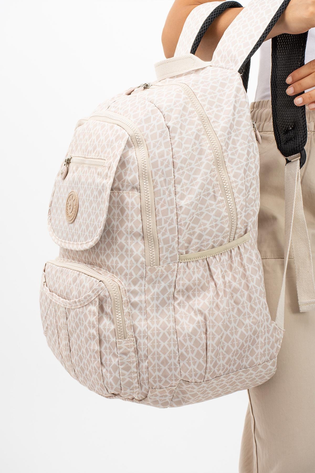 Ultra Hafif Çok Cepli Su Geçirmez Sırt Çantası Unisex Desenli Krem (Model: 571-2E) 
