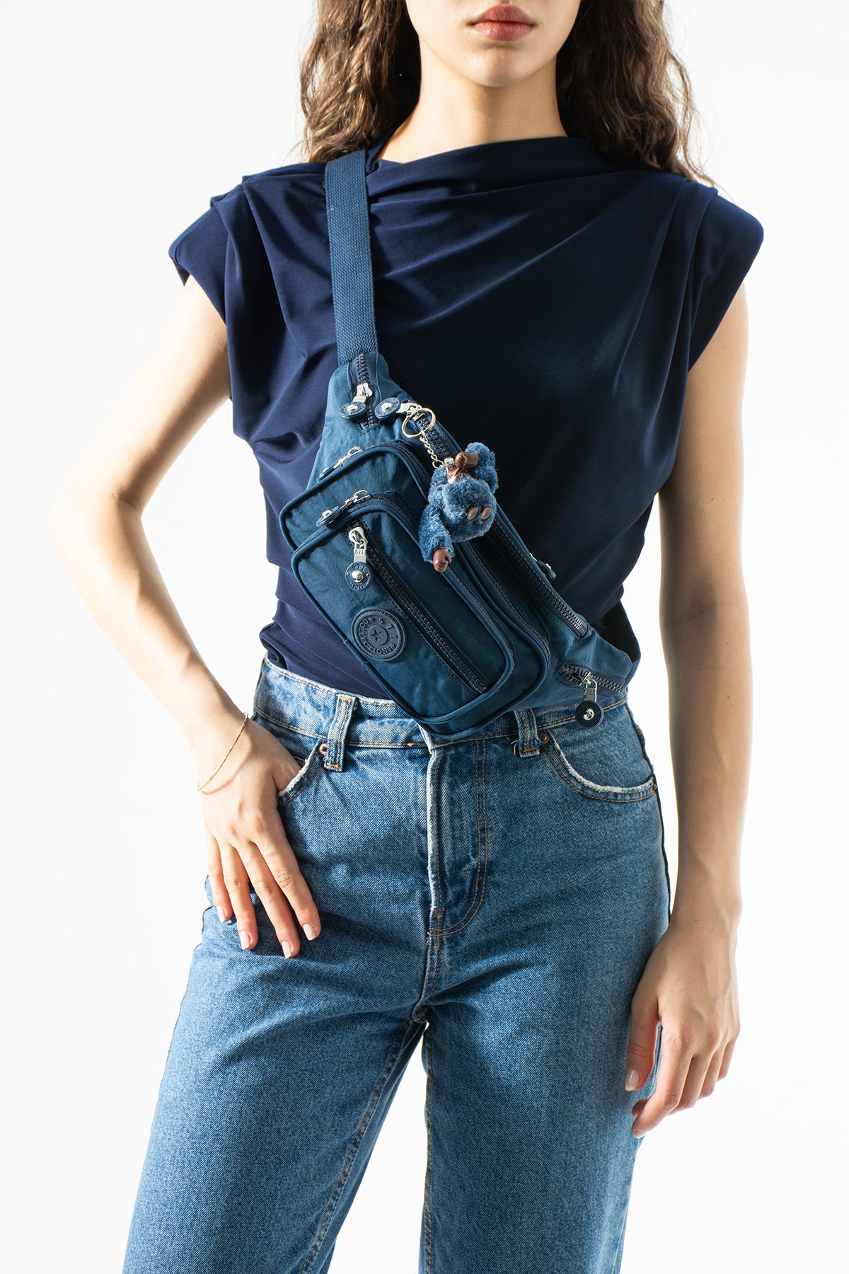 Unisex Çok Cepli, Su Geçirmez, Çapraz Askılı Bel Çantası (Freebag) Lacivert Model: 571-7J