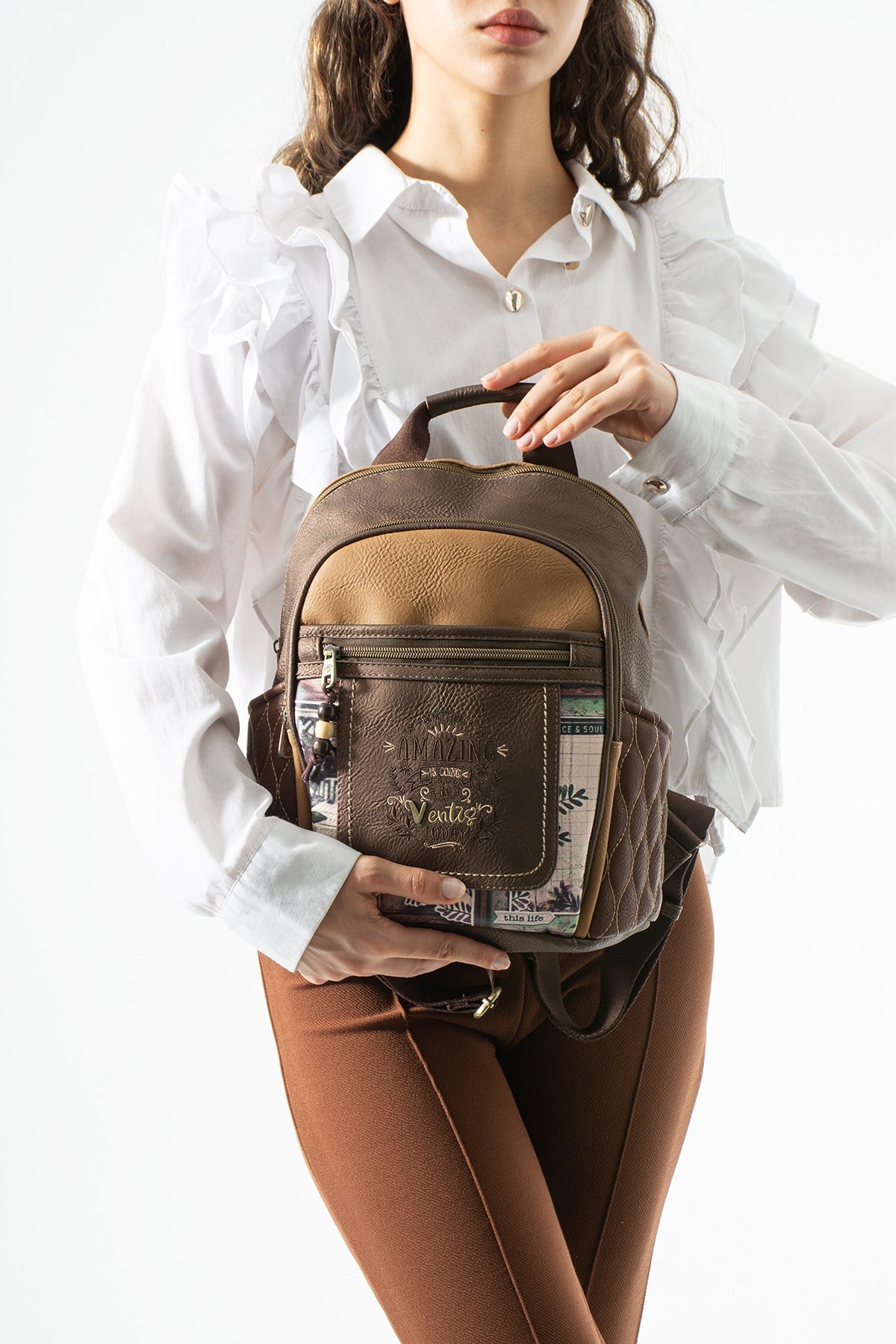 Ventis Amazing Vintage Kadın Sırt El Çantası Çok Bölmeli Desenli Tasarım Kapitone Kahverengi Model: 571-21F