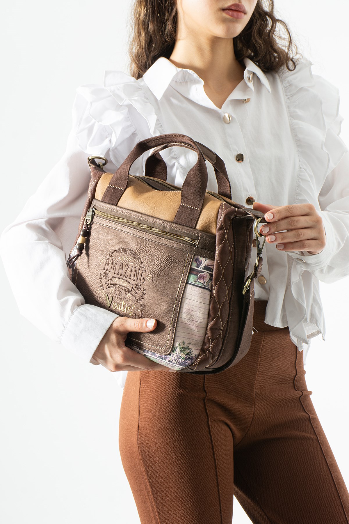 Ventis Amazing Vintage Kadın Omuz Çantası Çok Bölmeli Desenli Tasarım Kapitone Kahverengi Model: 571-21D