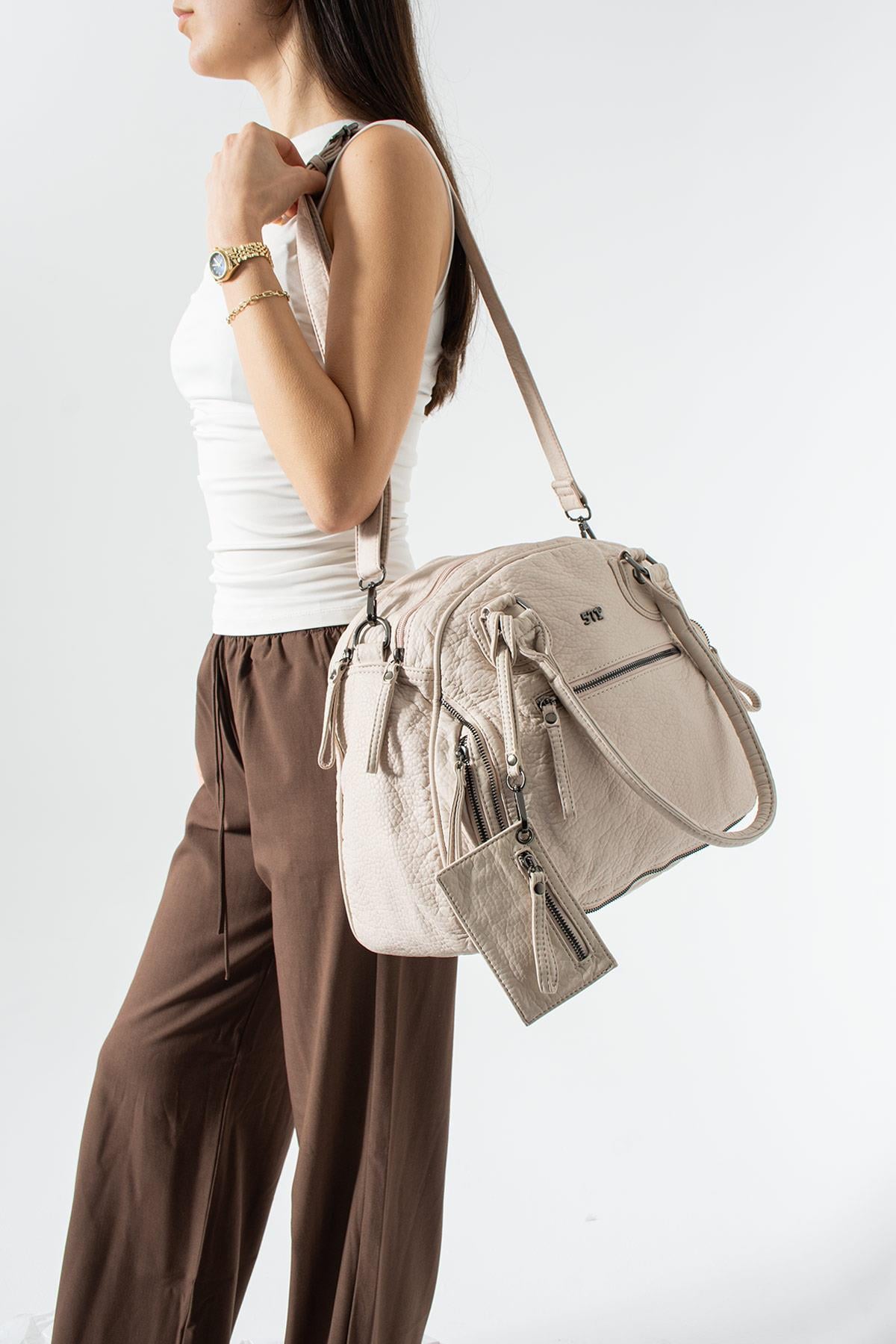 Yıkama Deri Çok Gözlü, Omuz Ve Kol Çantası Bej Model:(571-14-18E)