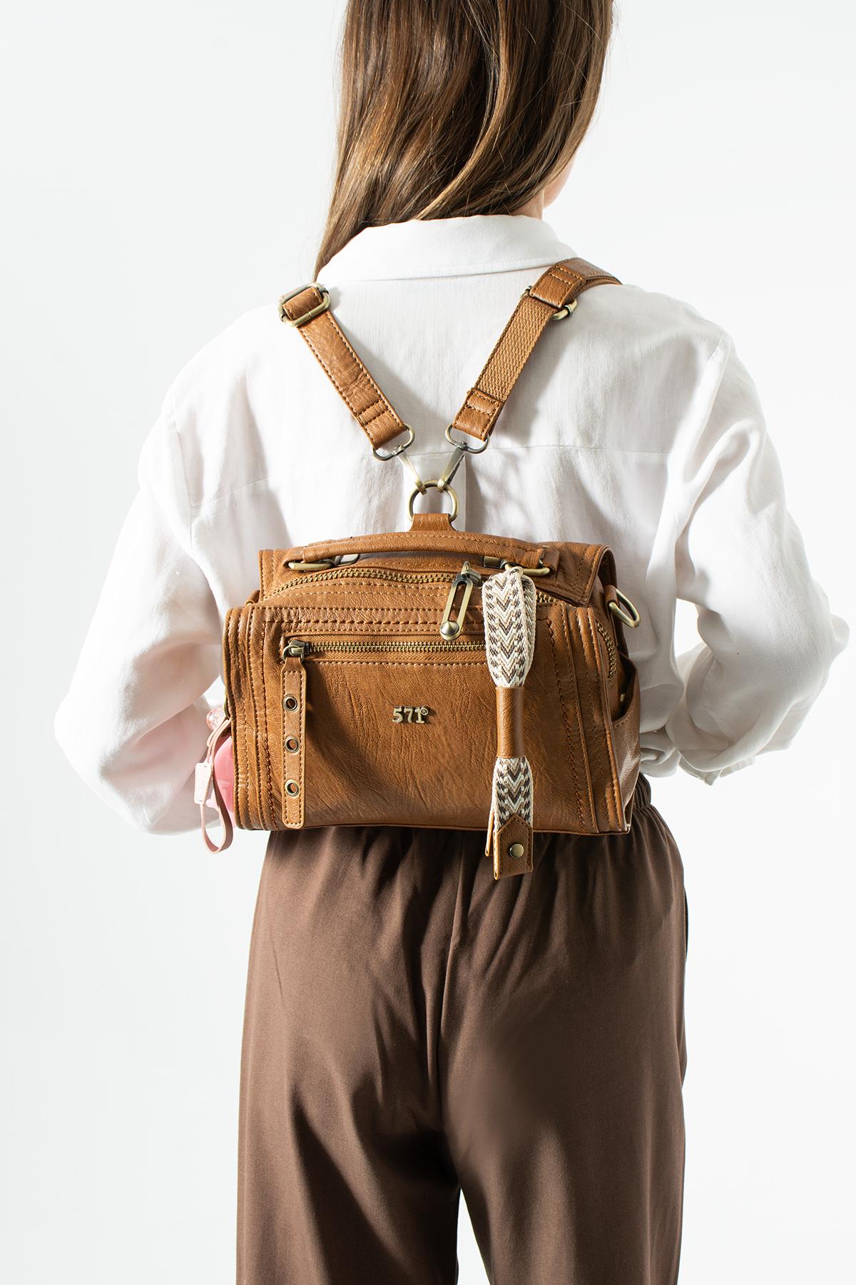 Yıkanmış Deri Çok Fonksiyonlu Sırt, Omuz, ve El Çantası Taba (Model: 571-17V)