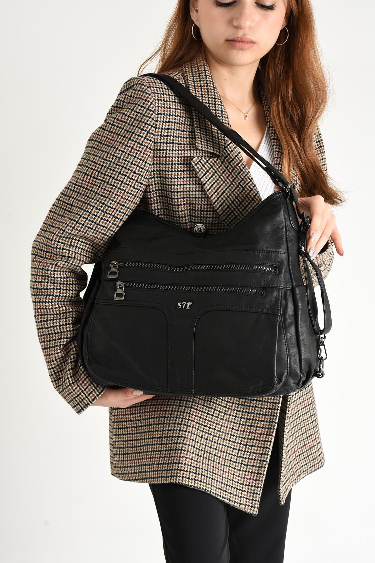 Yıkanmış Deri Hem Sırt Hem Omuz Çantası Siyah (Model: 571-9-10D) 