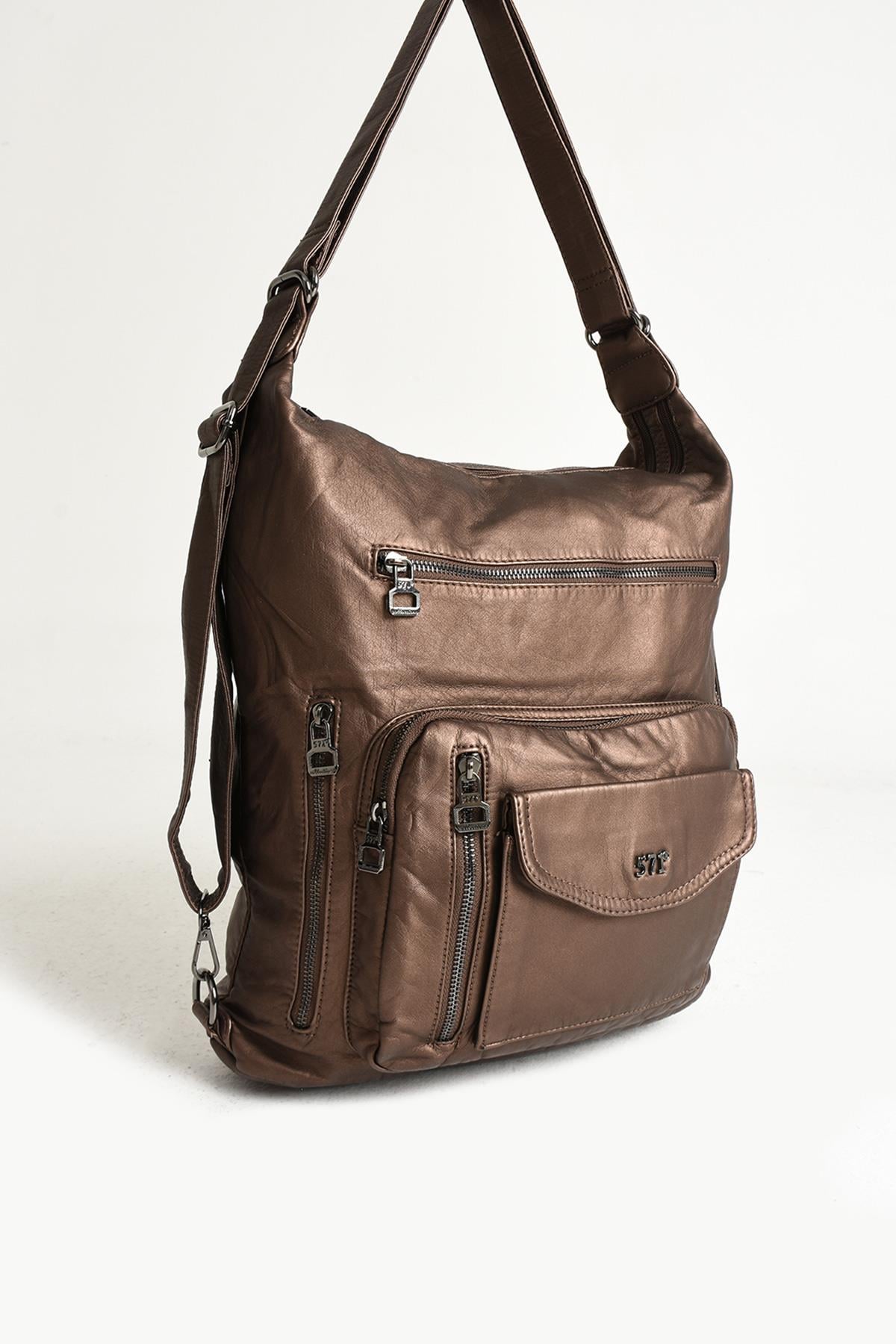 Yıkanmış Deri Hem Sırt Hem Omuz Çantası Bronz (Model: 571-9-10A) 