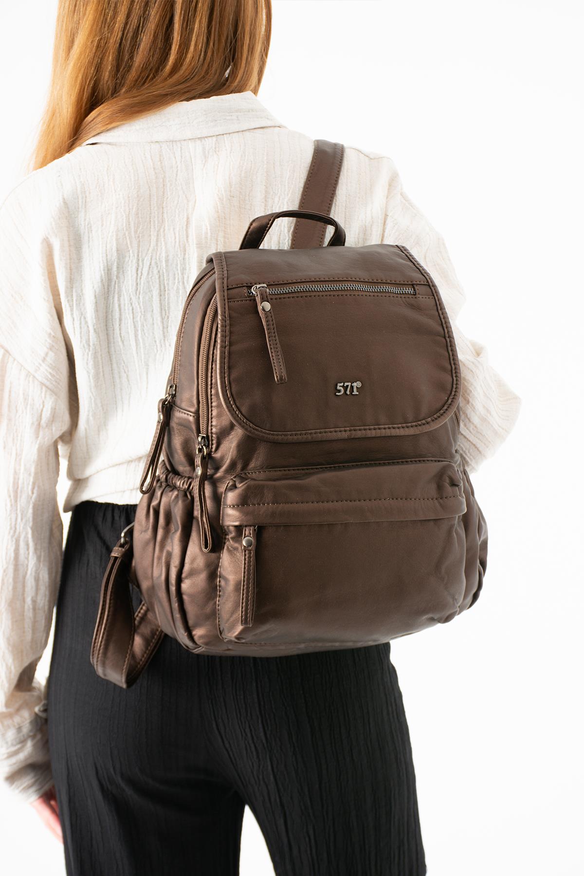 Yıkanmış Deri Sırt Çantası Bronz Model: (571-14-11M)