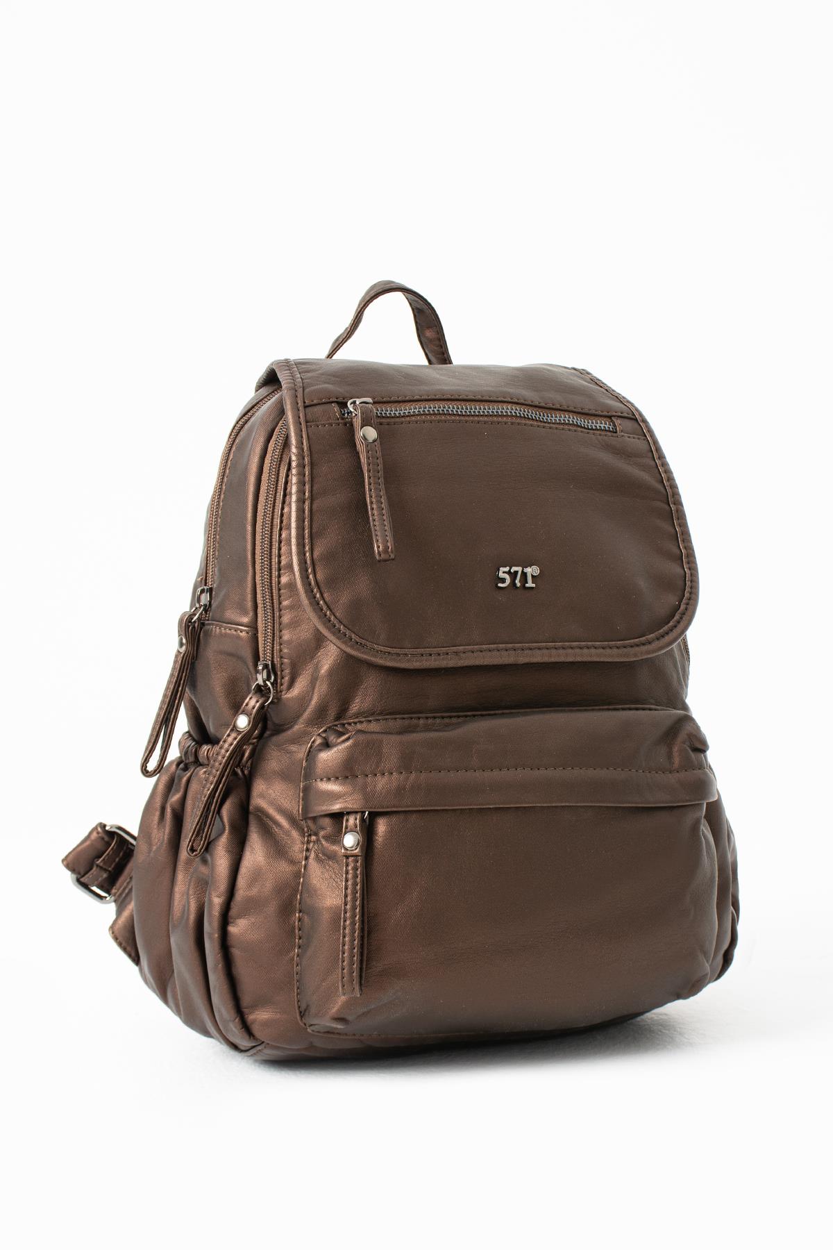 Yıkanmış Deri Sırt Çantası Bronz Model: (571-14-11M)