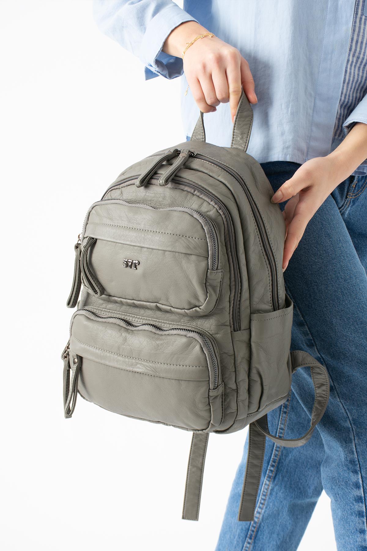 Yıkanmış Deri Sırt Çantası Gri Model: (571-14-11U)
