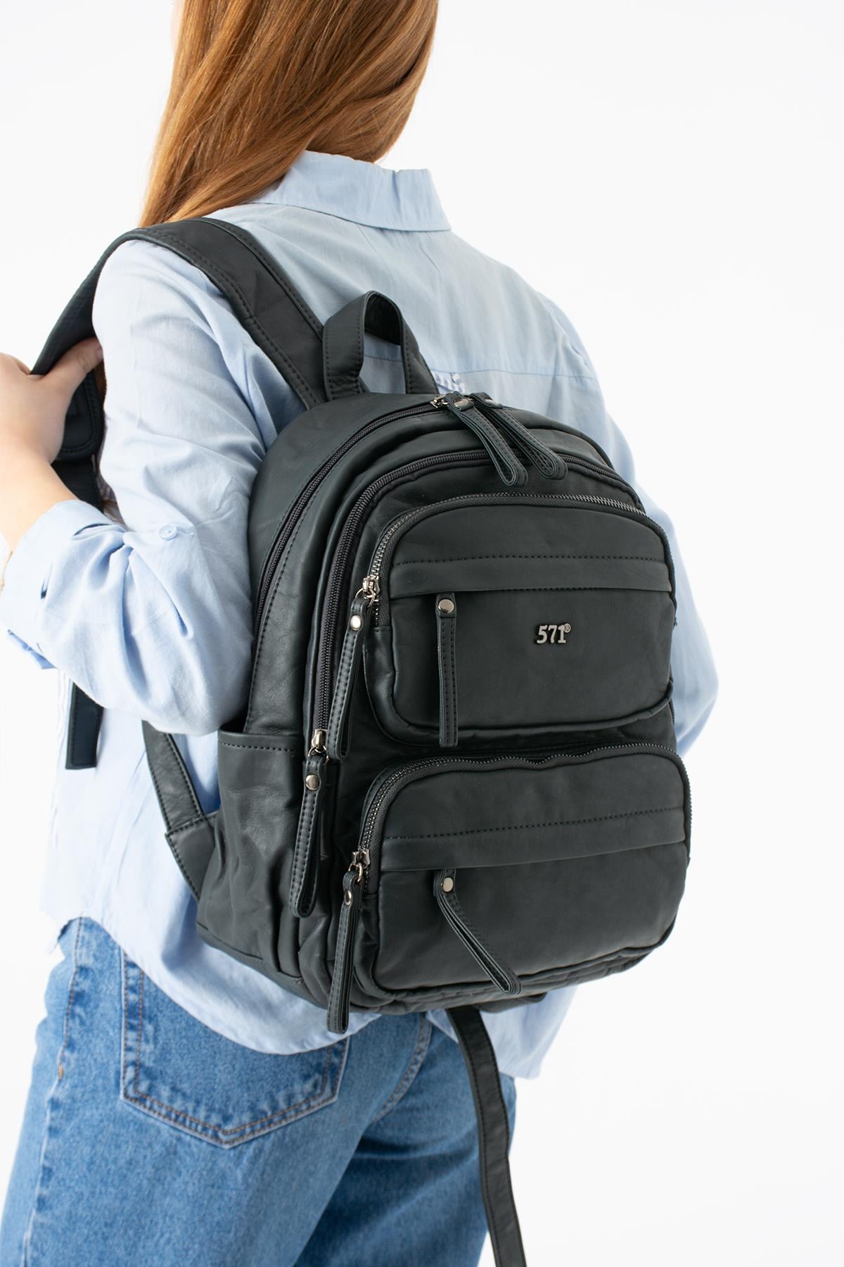 Yıkanmış Deri Sırt Çantası Lacivert Model: (571-14-11U)