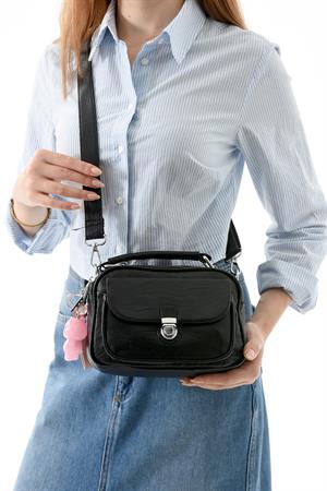 İki Fonksiyonlu Metal Basmalı Suni Deri Omuz, El Çantası Siyah (Model: 571-13-17H) 