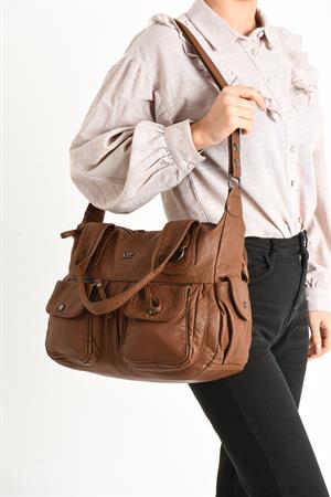 Suni Deri Çapraz Askılı Çok Bölmeli Omuz Çantası Taba (Model: 571-11-10F)